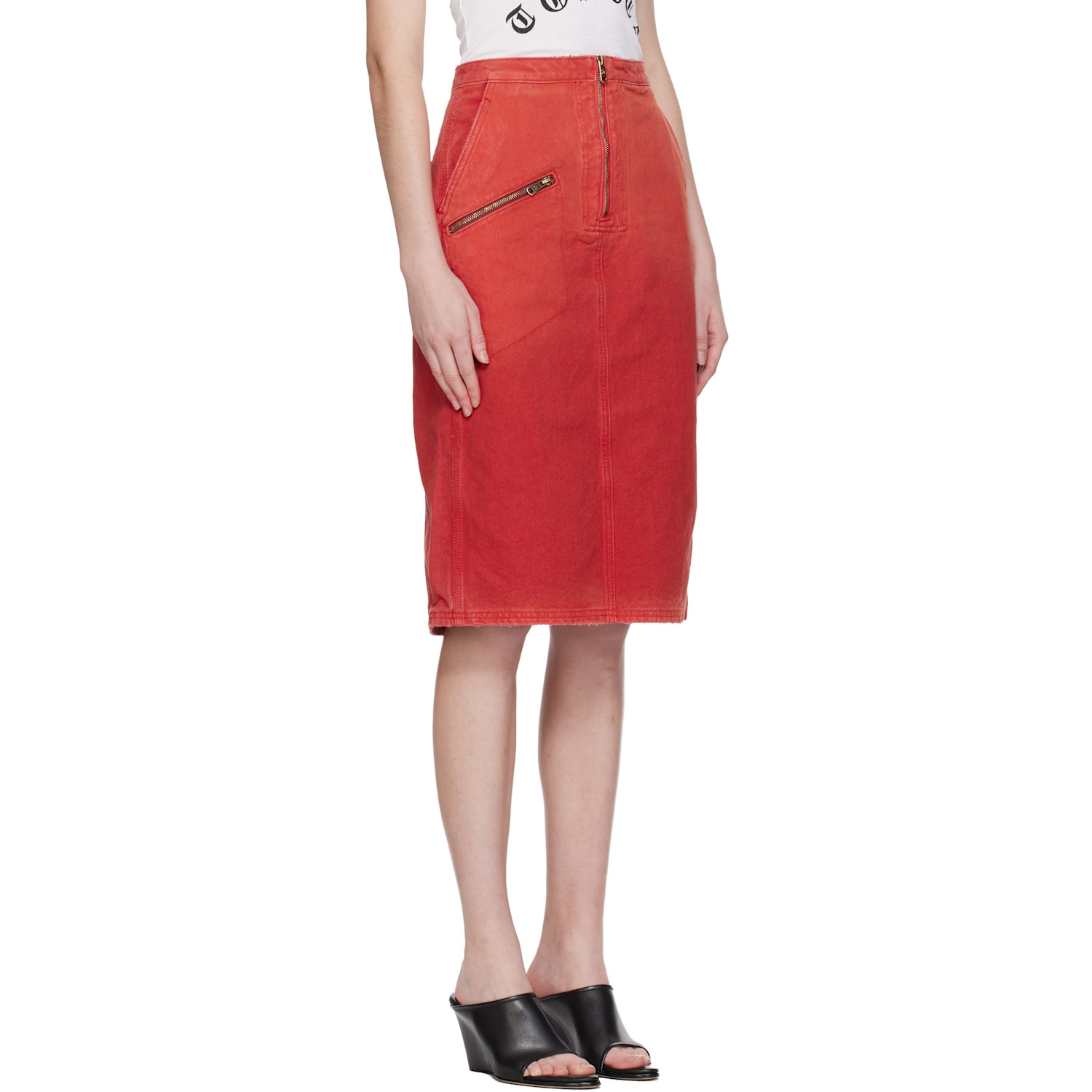  Willy Chavarria Red Workwear Zipped Denim Midi Skirt 