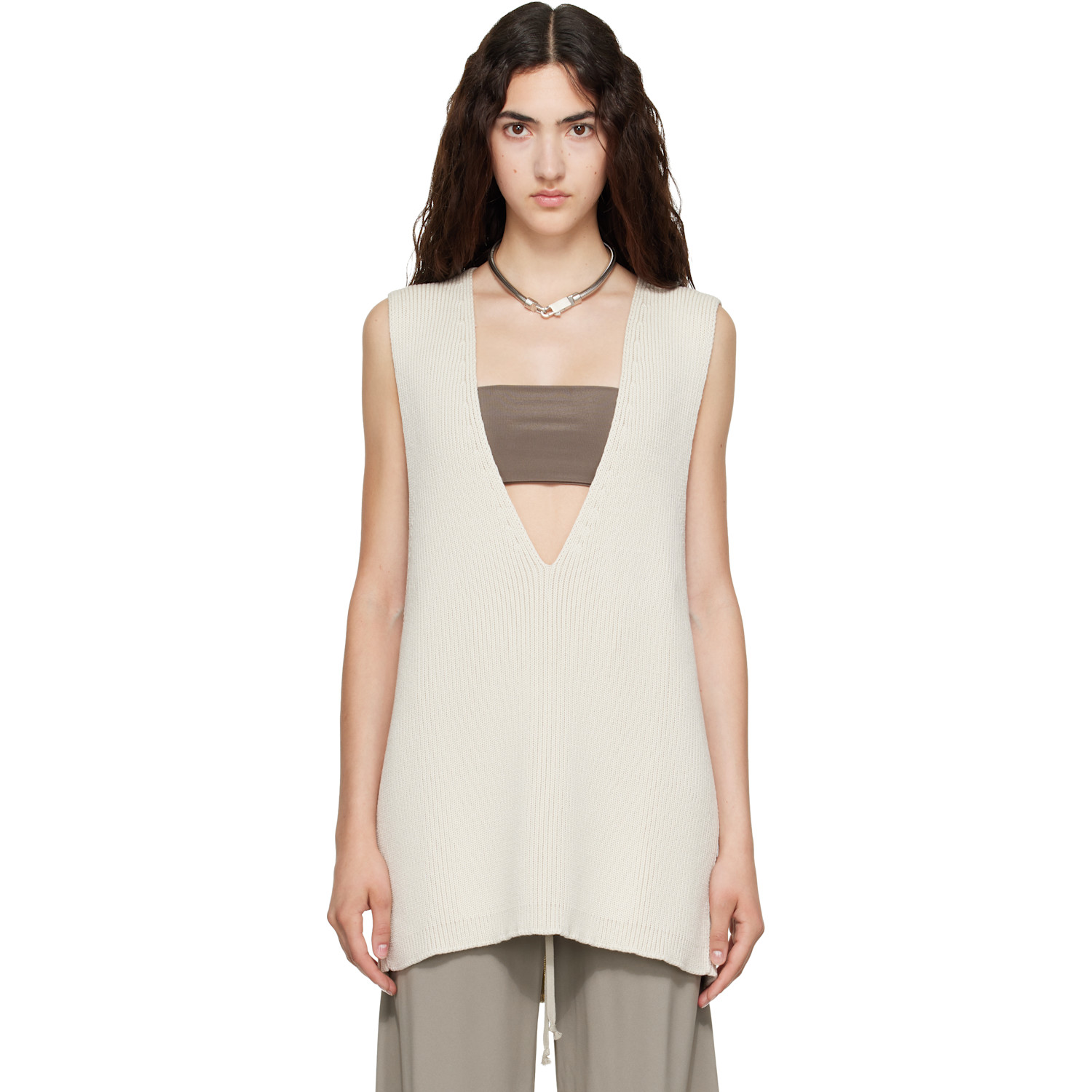 Rick Owens Off-White Tower Wool Knit V Neck Vest
