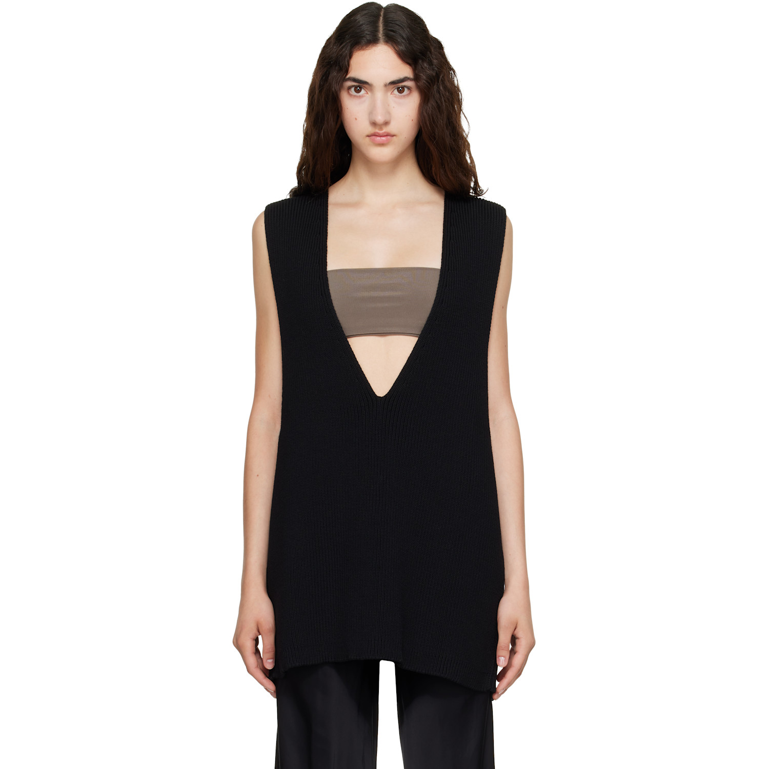 Rick Owens Black Tower Wool Knit V Neck Vest