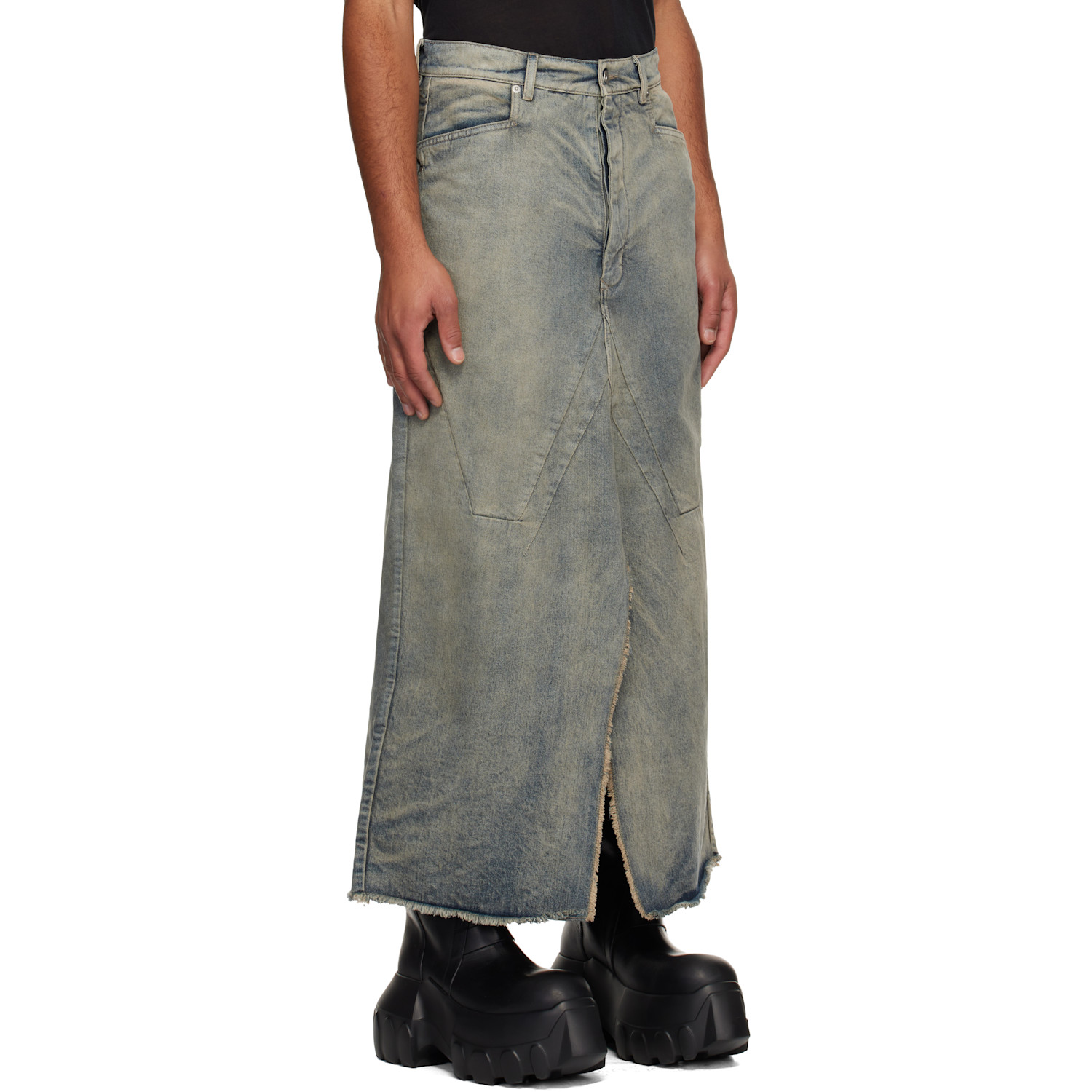  Rick Owens Blue Concordians Slivered Denim Maxi Skirt 