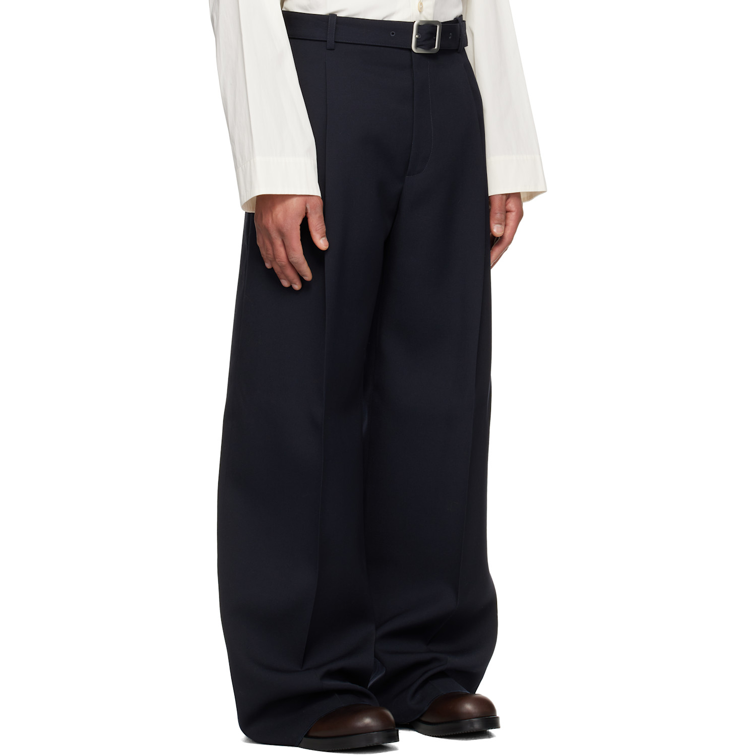  Jil Sander Navy Wool Gabardine Belted Trousers 
