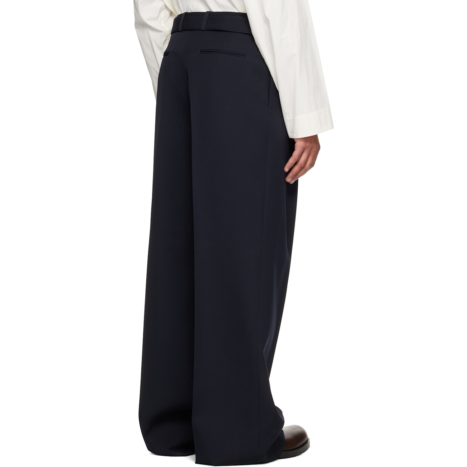  Jil Sander Navy Wool Gabardine Belted Trousers 