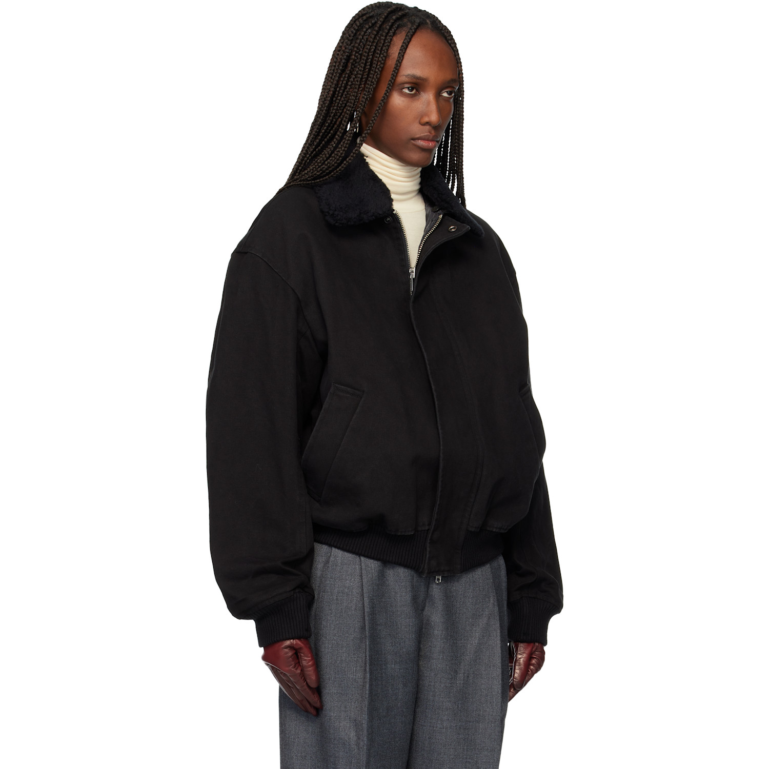  Tonywack Black Washed Cotton Faux-shearling Trim Bomber Jacket 