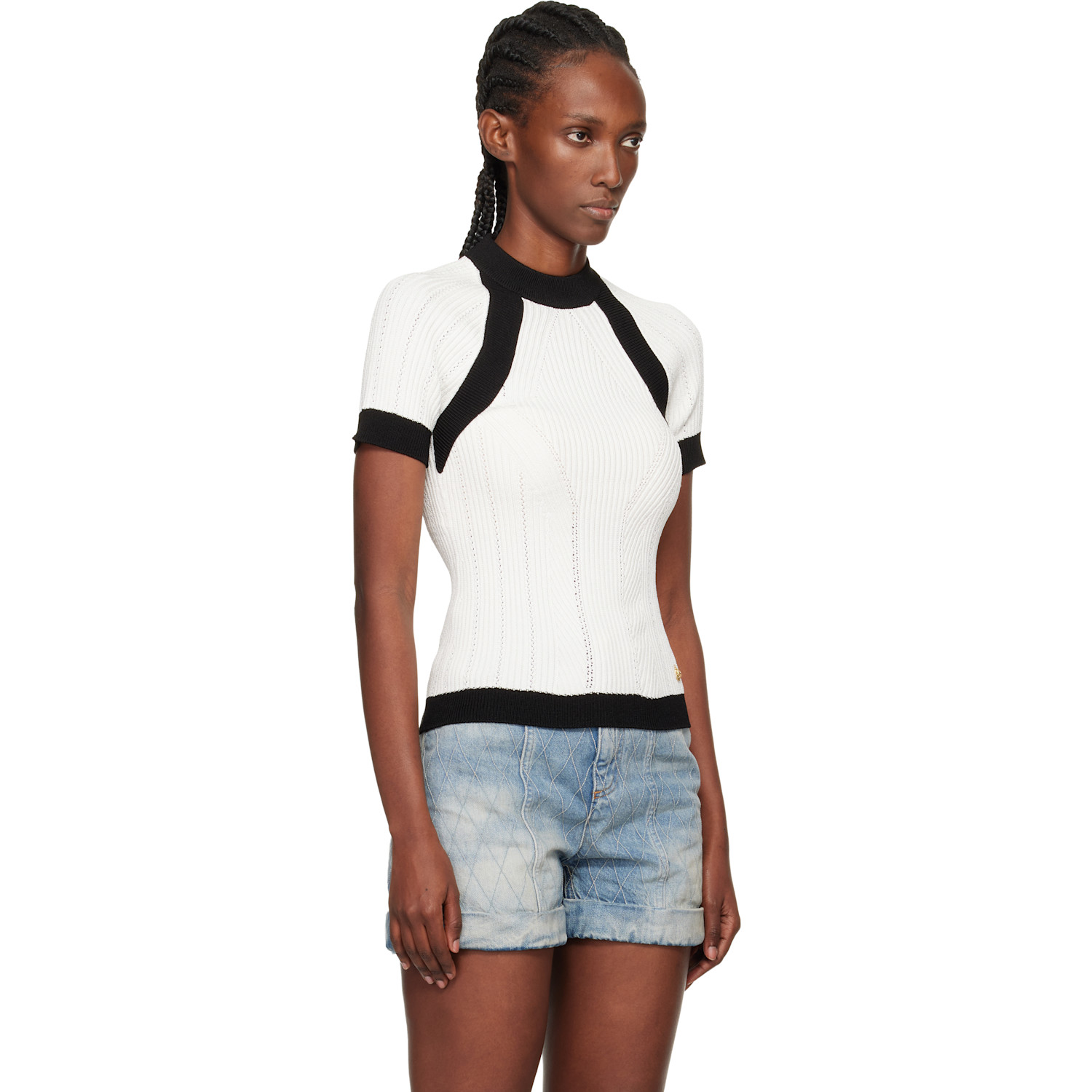  Balmain White & Black Short-sleeved Knit Top 