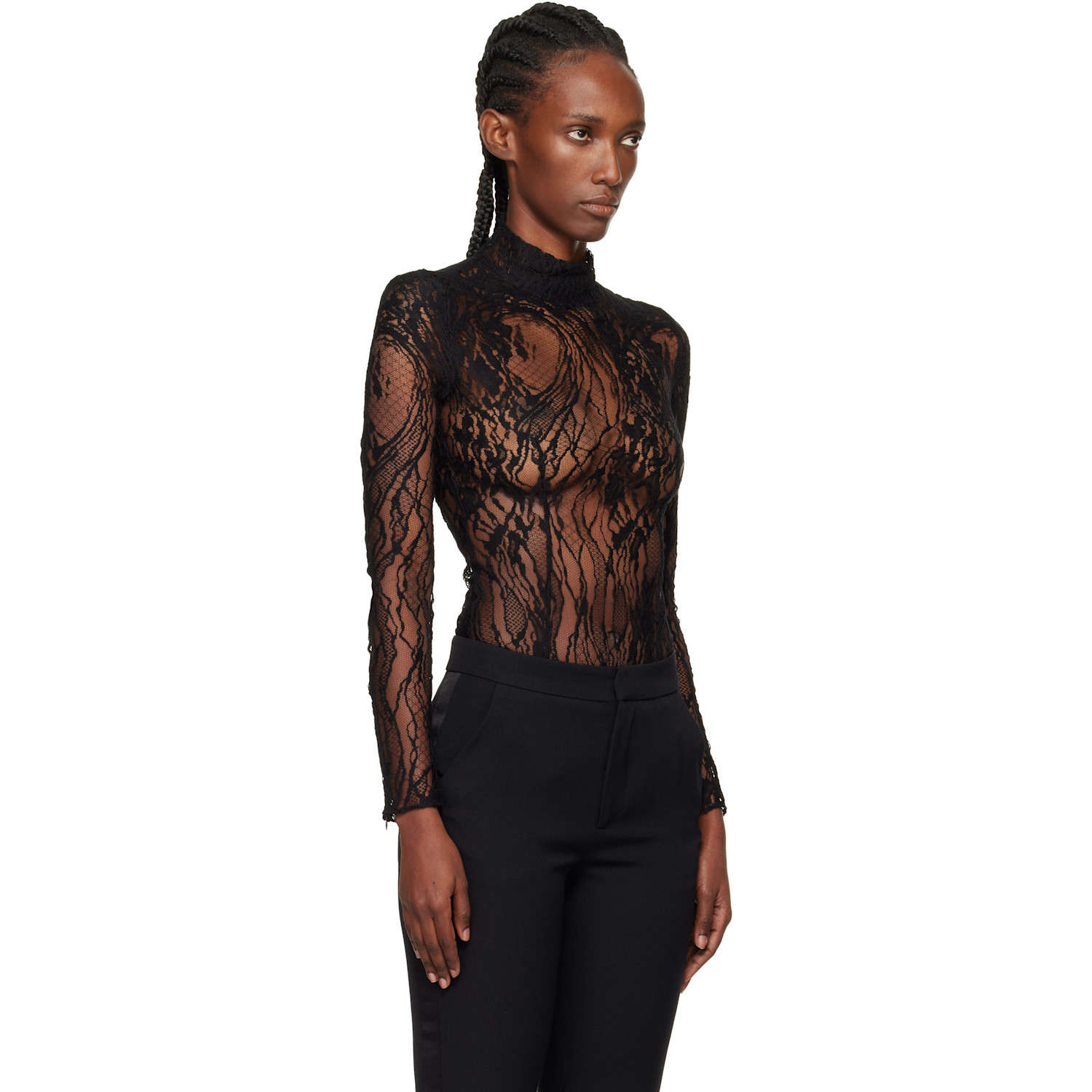  Balmain Black Long-sleeved Lace Bodysuit 