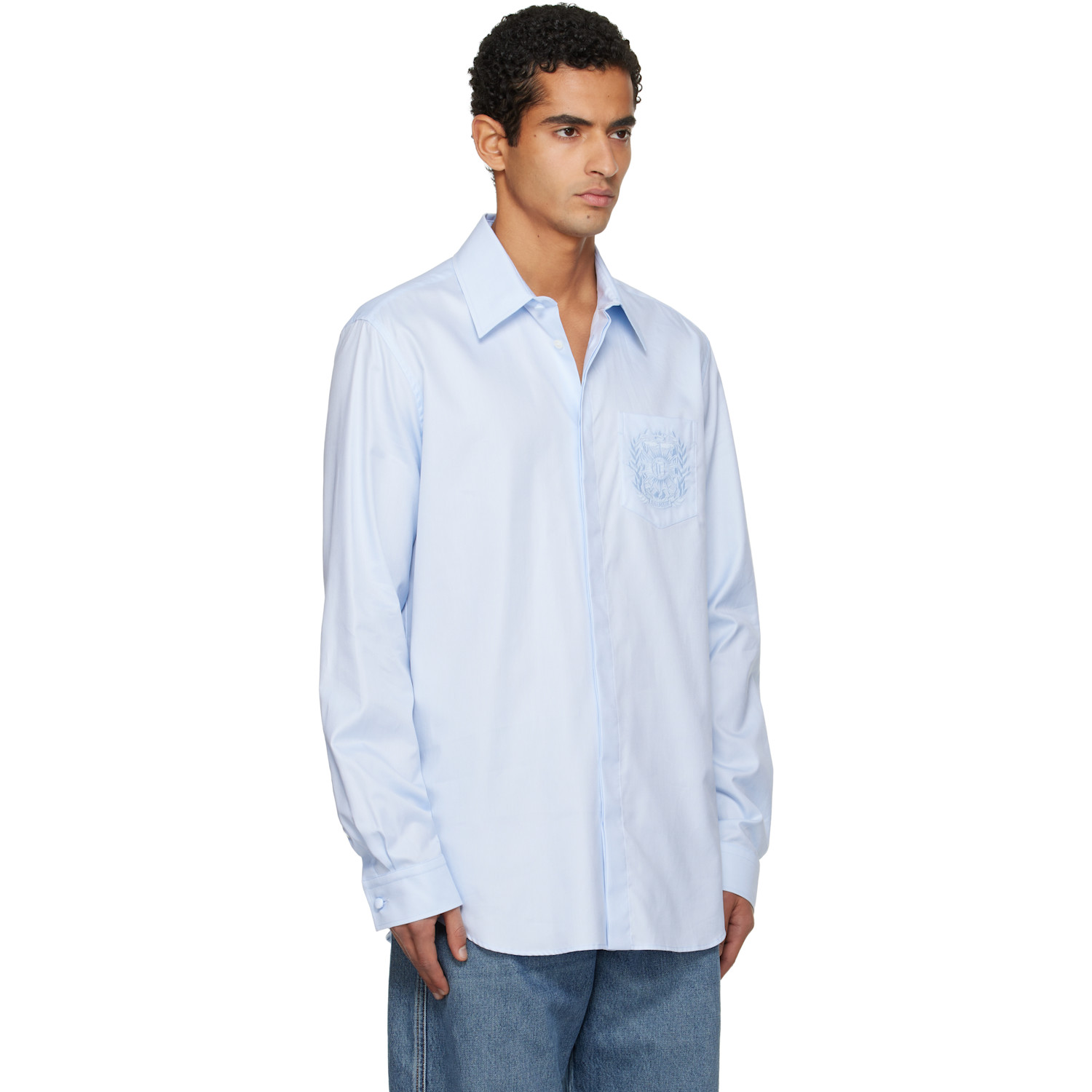  Balmain Blue 'balmain' écusson Embroidered Cotton Shirt 