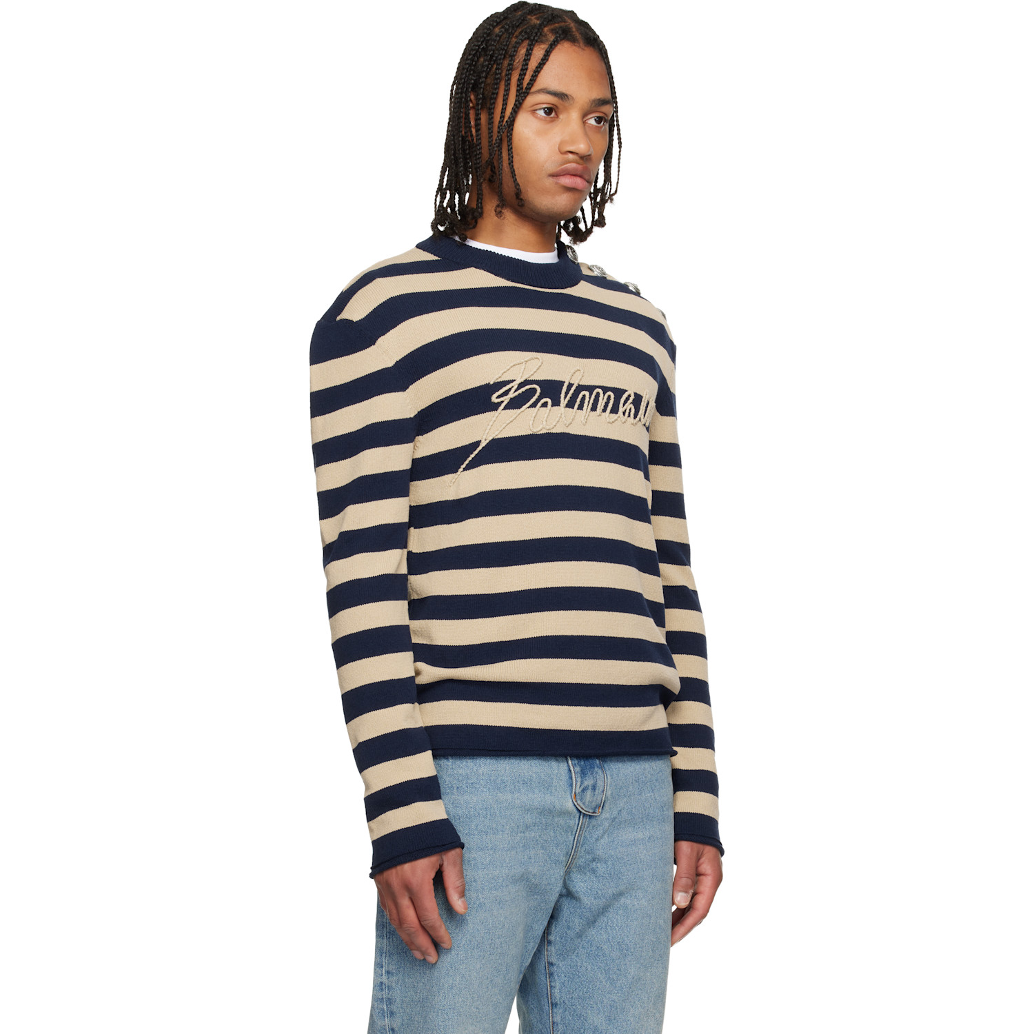  Balmain Navy & Beige 'balmain' Logo Marinière Sweater 