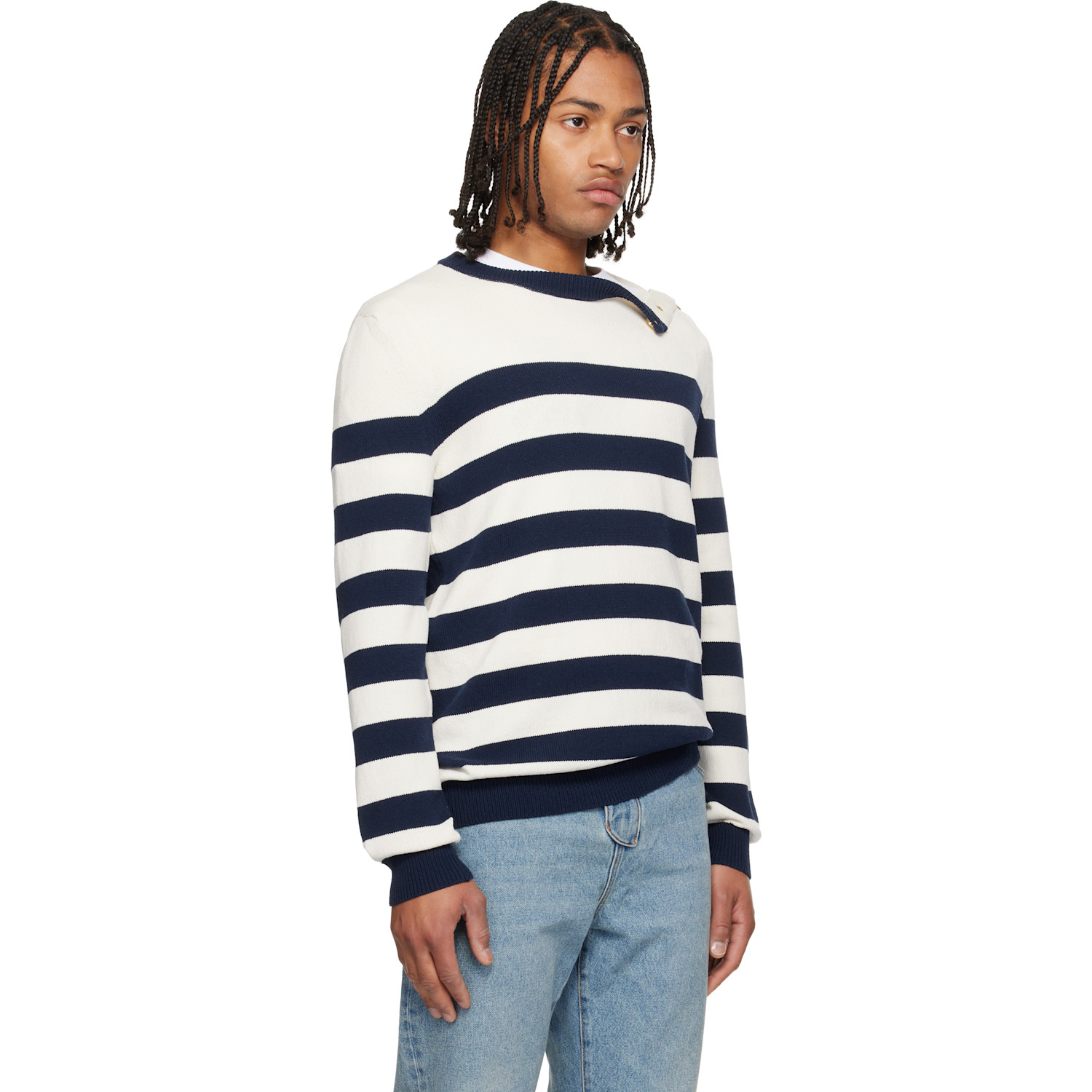  Balmain White & Navy Buttoned Marinière Knit Sweater 