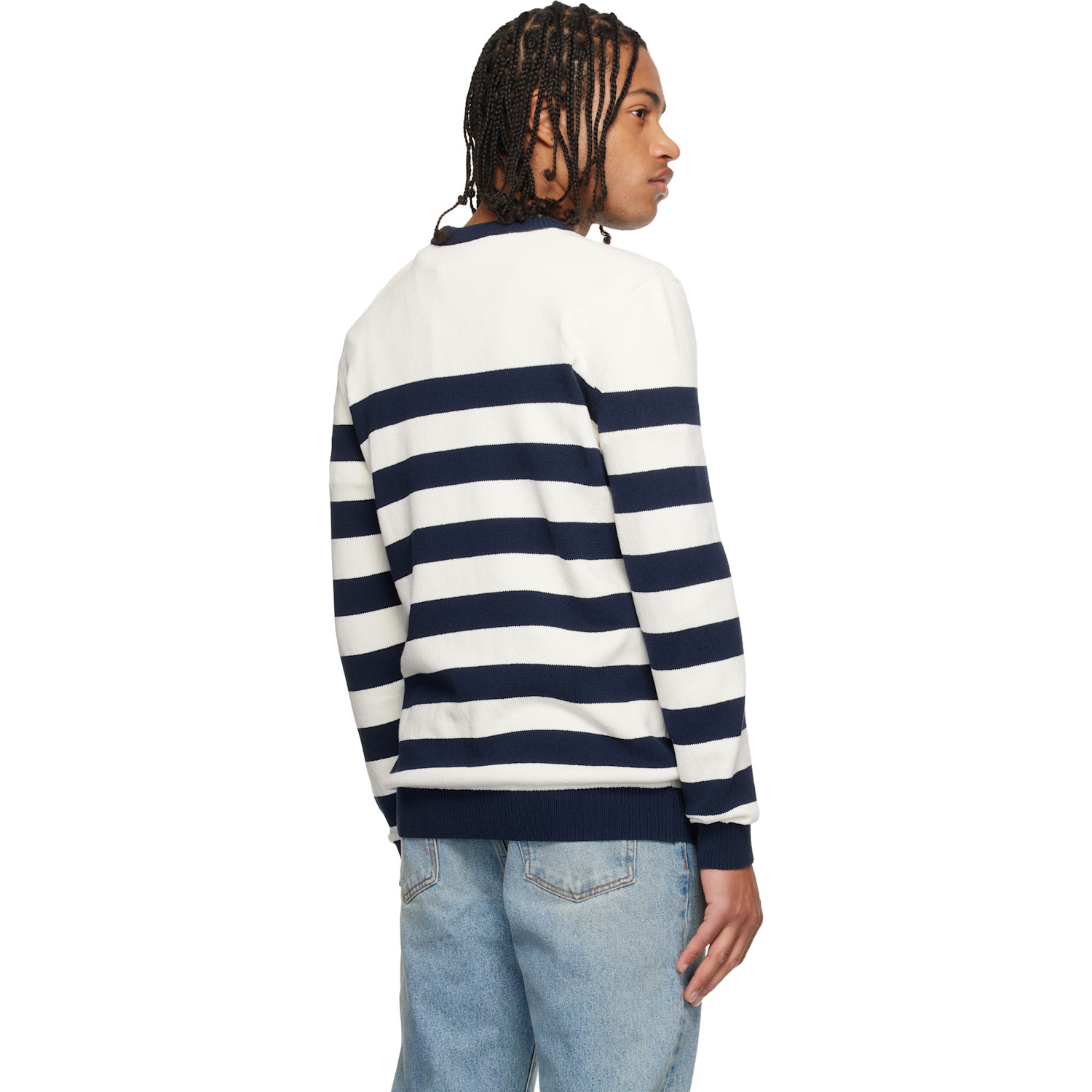  Balmain White & Navy Buttoned Marinière Knit Sweater 