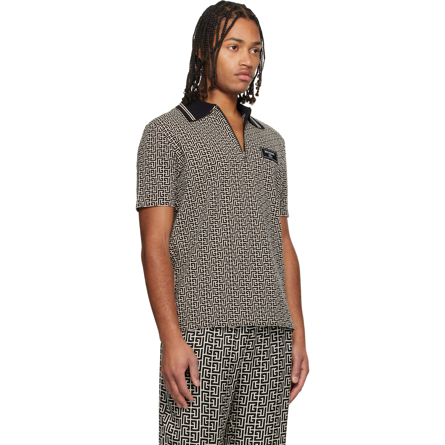  Balmain Black & Beige Monogram Polo 