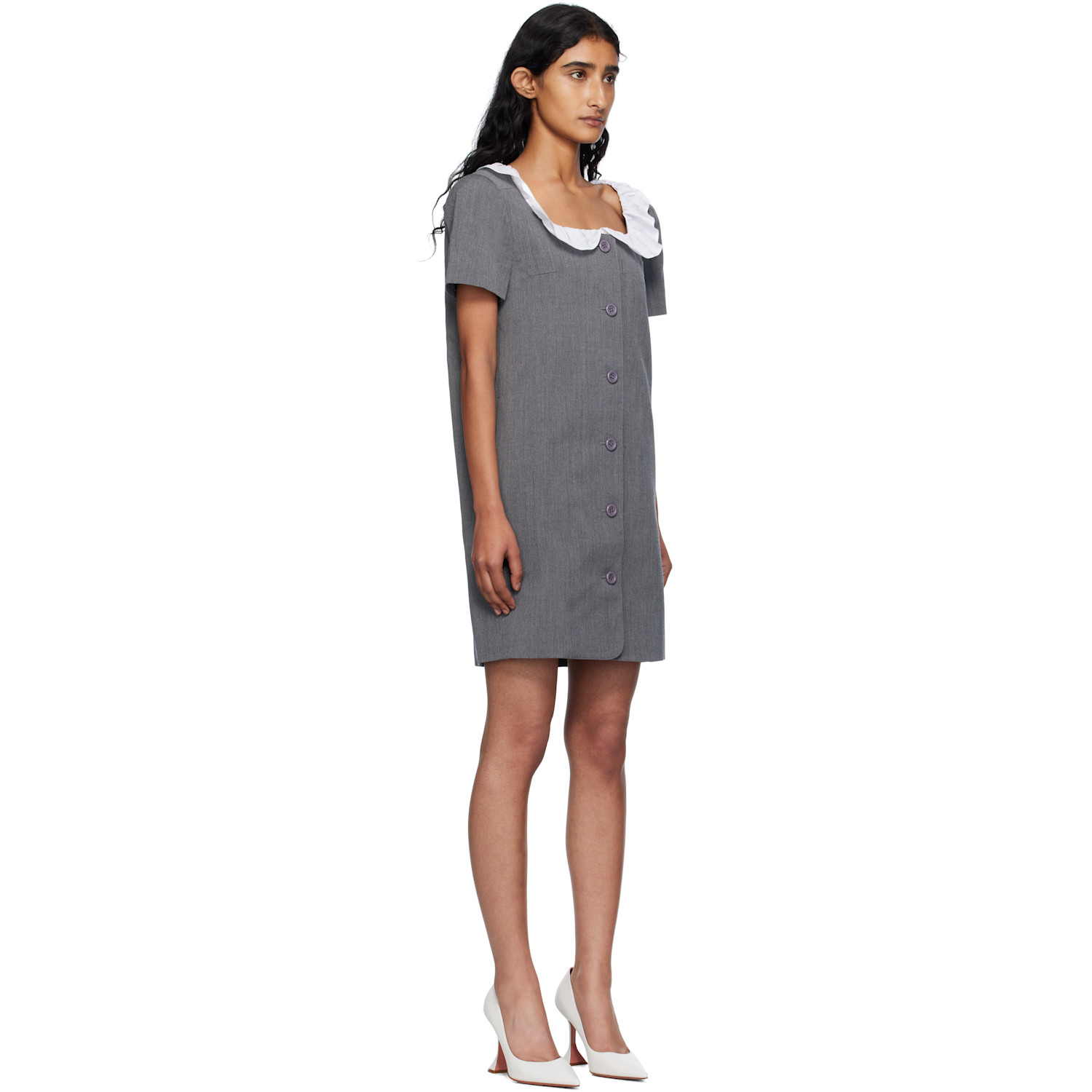  Pushbutton Gray Frilled Neck Minidress 