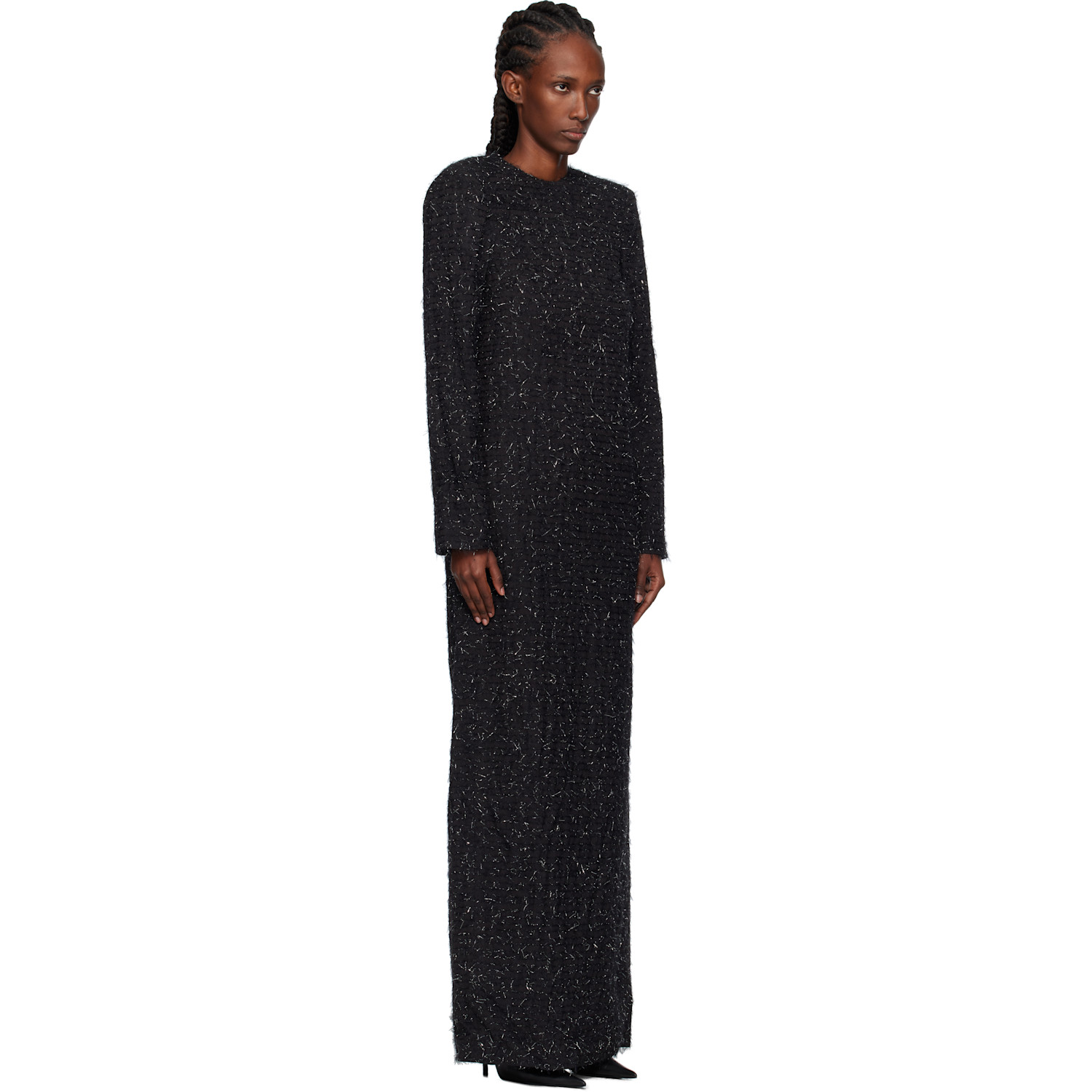  Pushbutton Black Metallic Thread Maxi Dress 