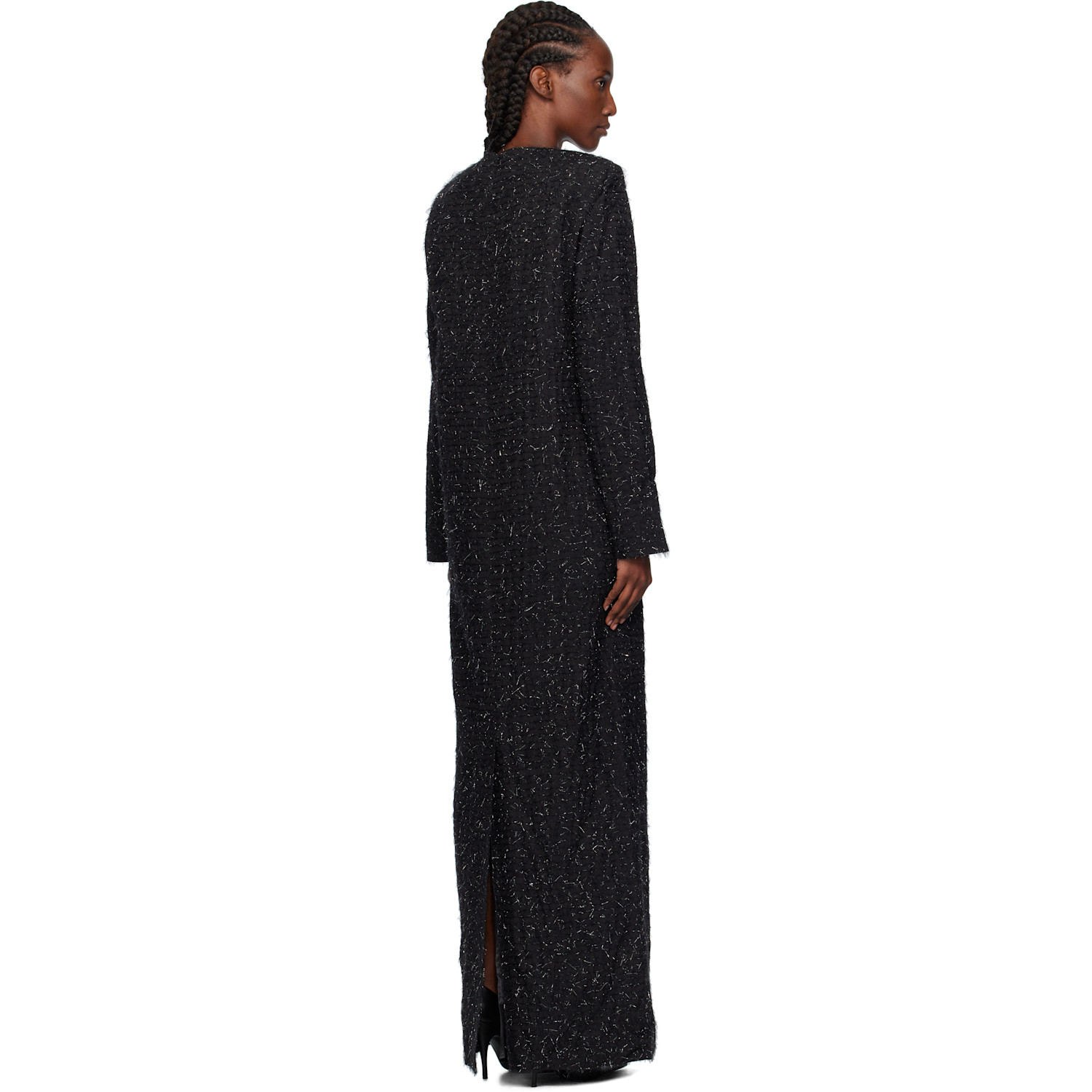  Pushbutton Black Metallic Thread Maxi Dress 