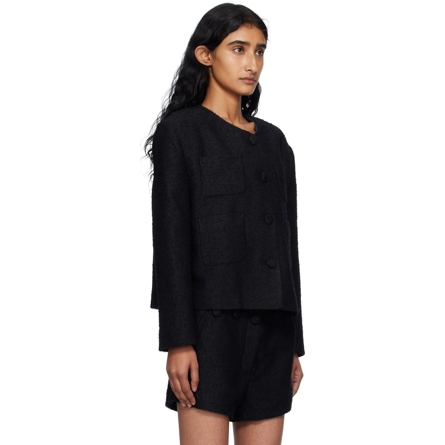  Pushbutton Black Collarless Tweed Jacket 