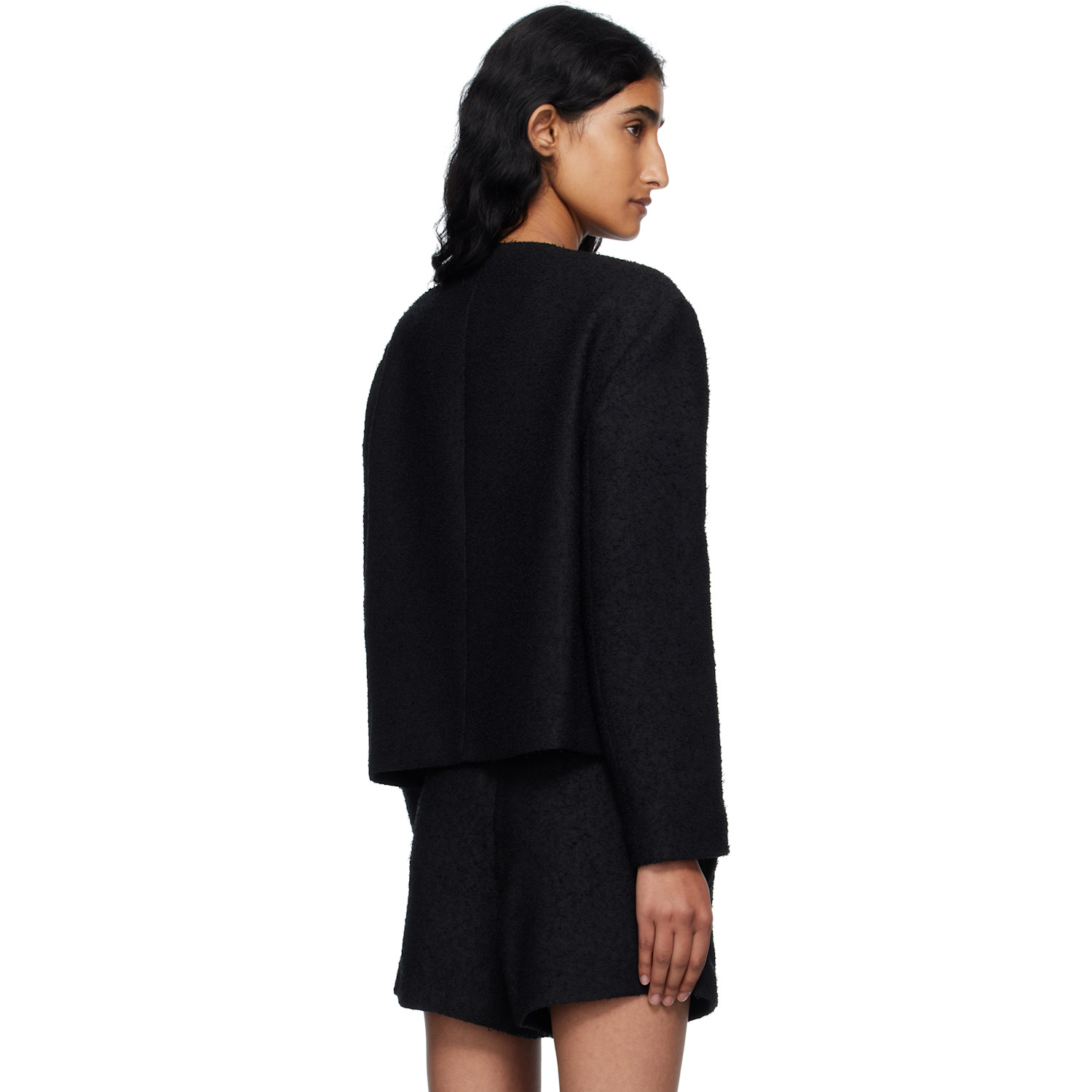  Pushbutton Black Collarless Tweed Jacket 