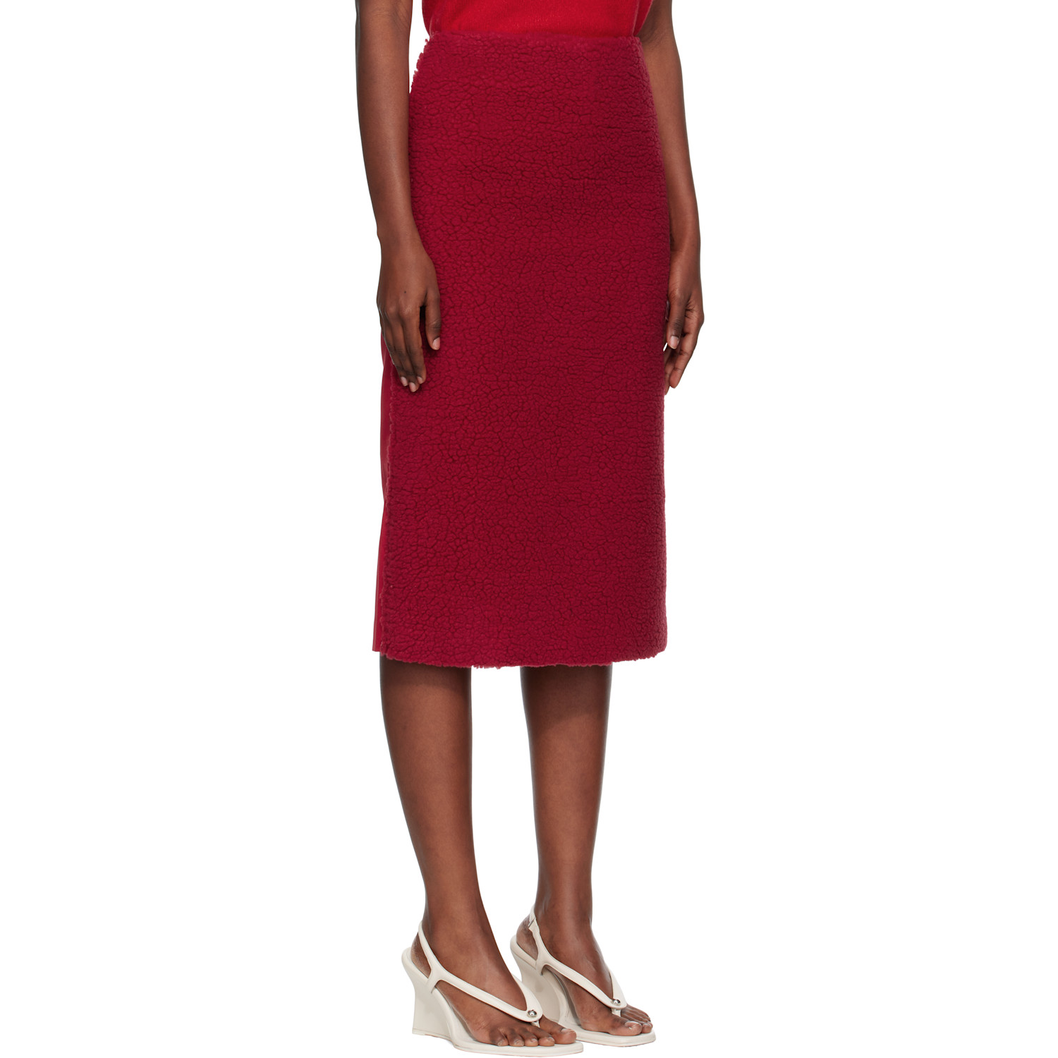  Pushbutton Red Fleece Combi H-line Midi Skirt 