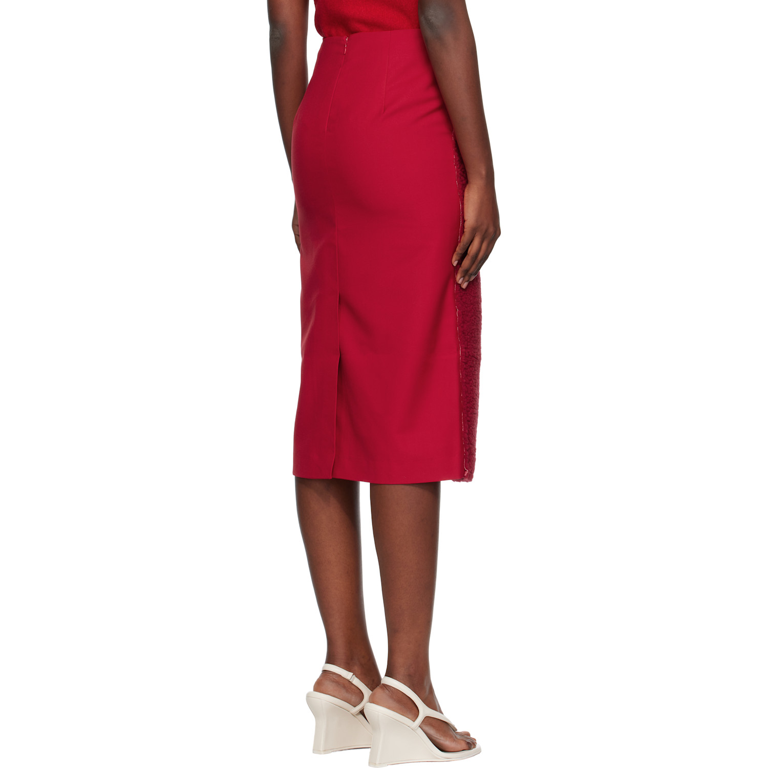 Pushbutton Red Fleece Combi H-line Midi Skirt 