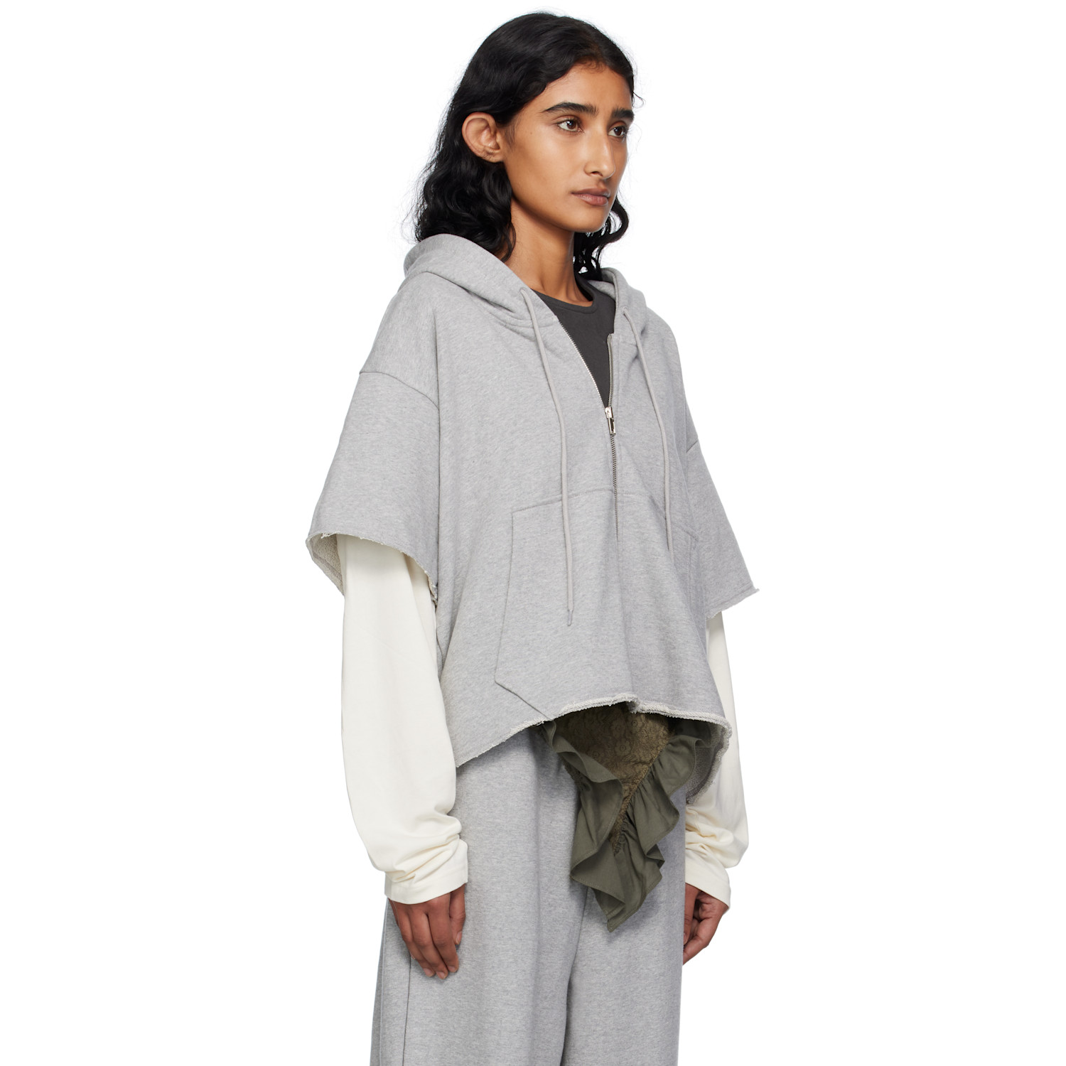  Pushbutton Gray Raw Edge Zip-up Hoodie 
