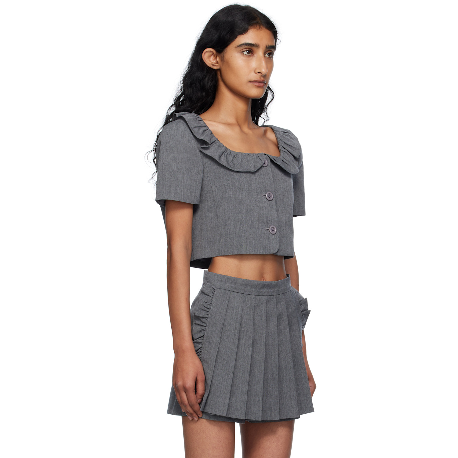  Pushbutton Gray Frilled Neck Cropped Top 