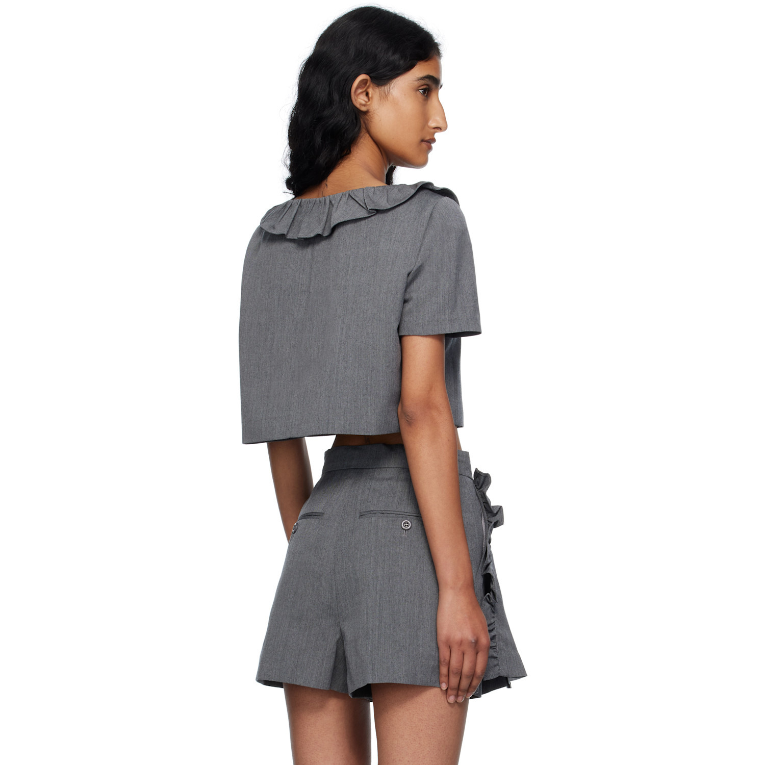  Pushbutton Gray Frilled Neck Cropped Top 