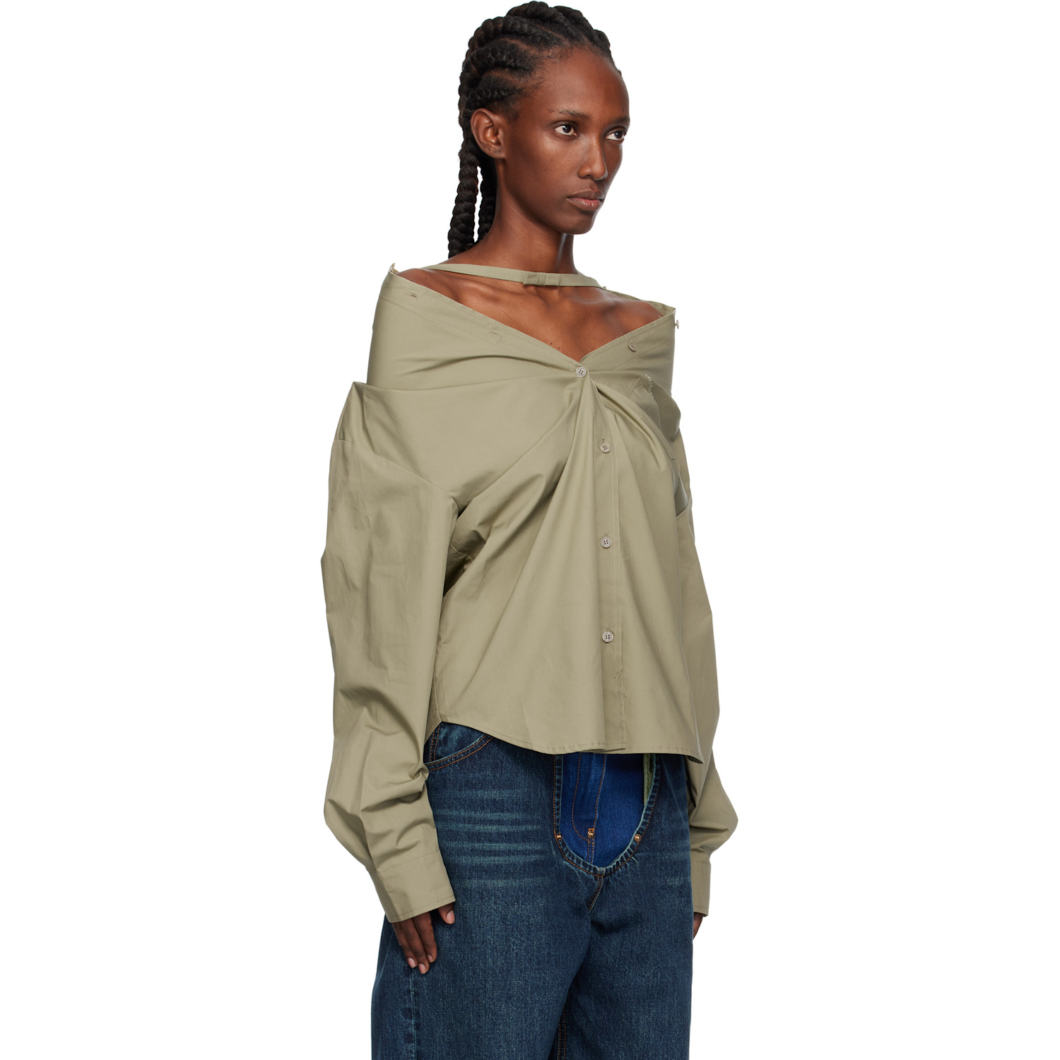  Pushbutton Khaki Dropped Shoulder Shirt 