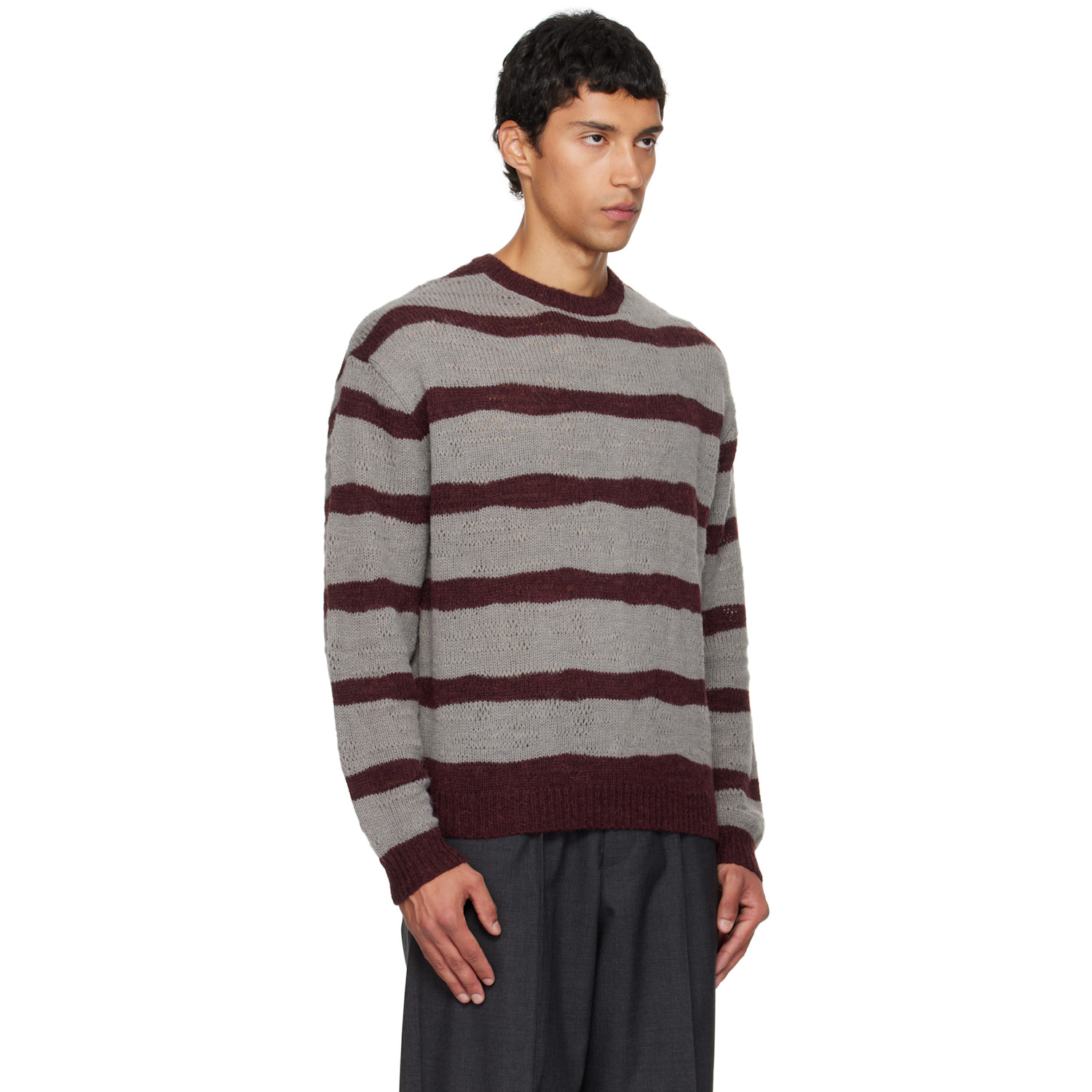  Coor Gray & Burgundy Hairy Stripe Knit Sweater 