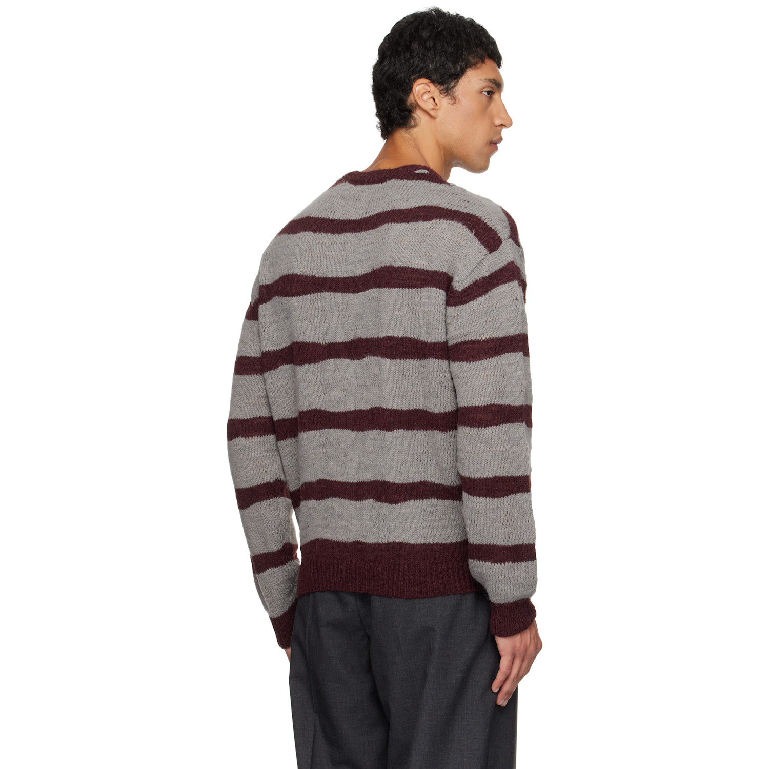  Coor Gray & Burgundy Hairy Stripe Knit Sweater 
