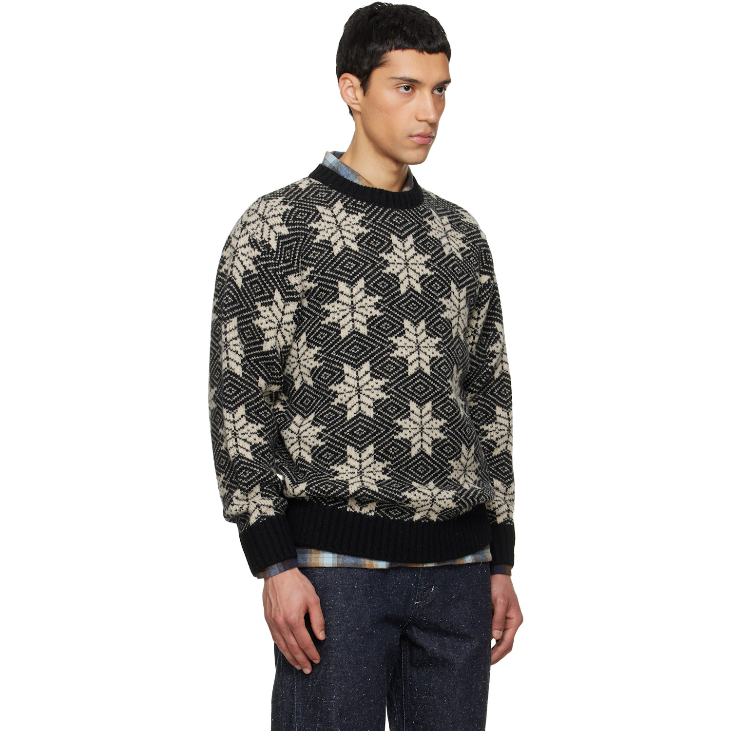  South2 West8 Black Crew Neck Snowflakes Sweater 