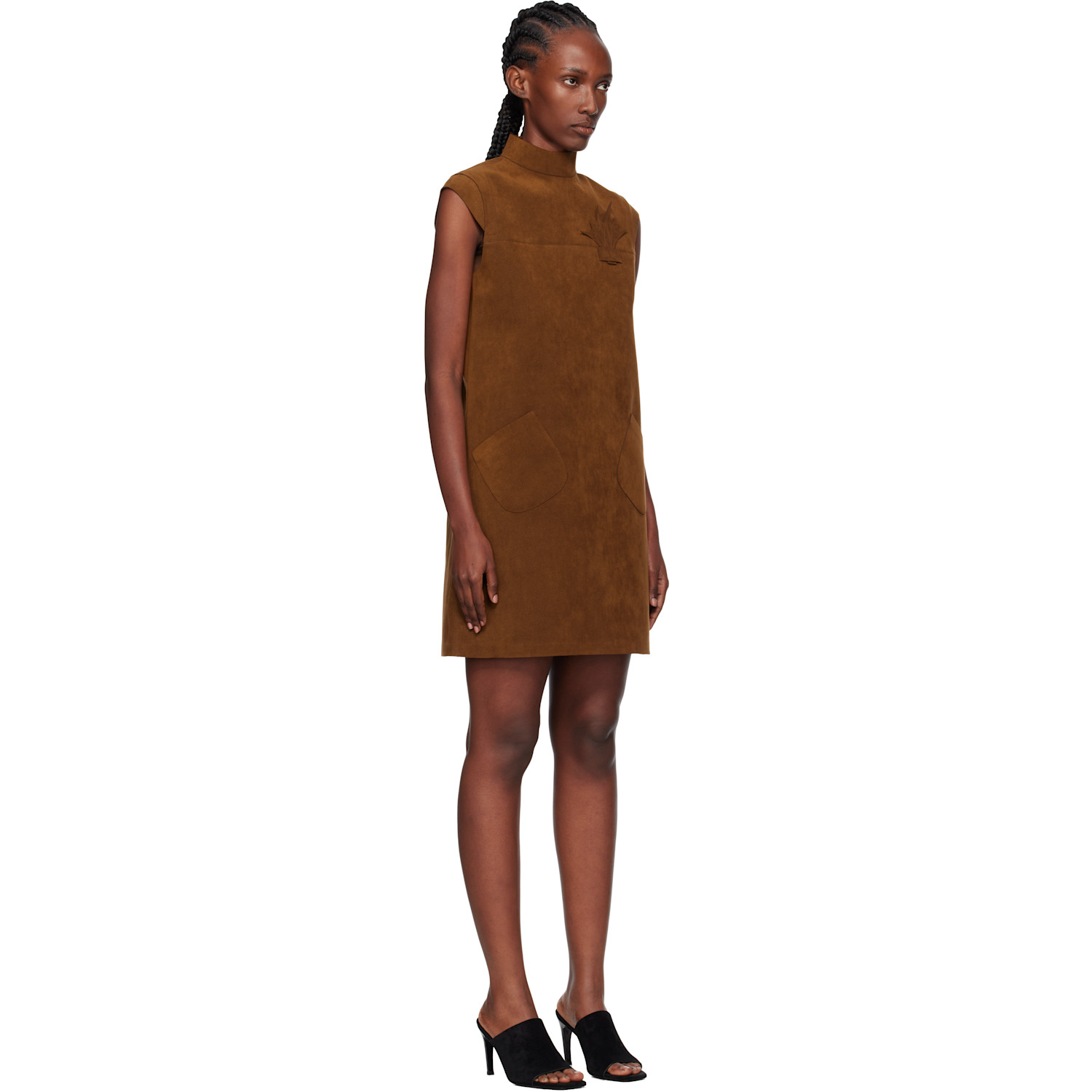  Ao Yes Brown Cap Sleeve Faux-suede Minidress 