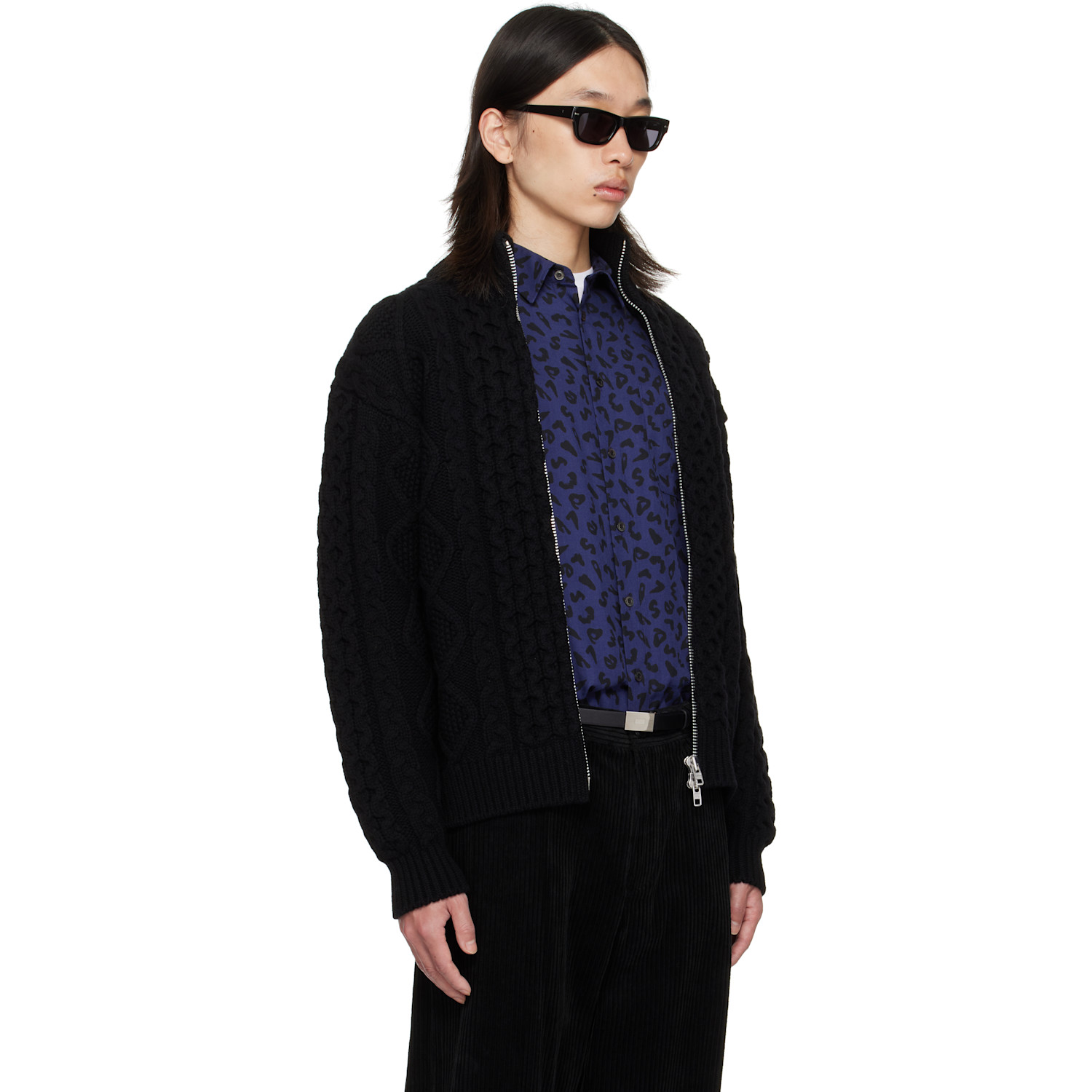  Vowels Black Cable Knit Zip Up Sweater 
