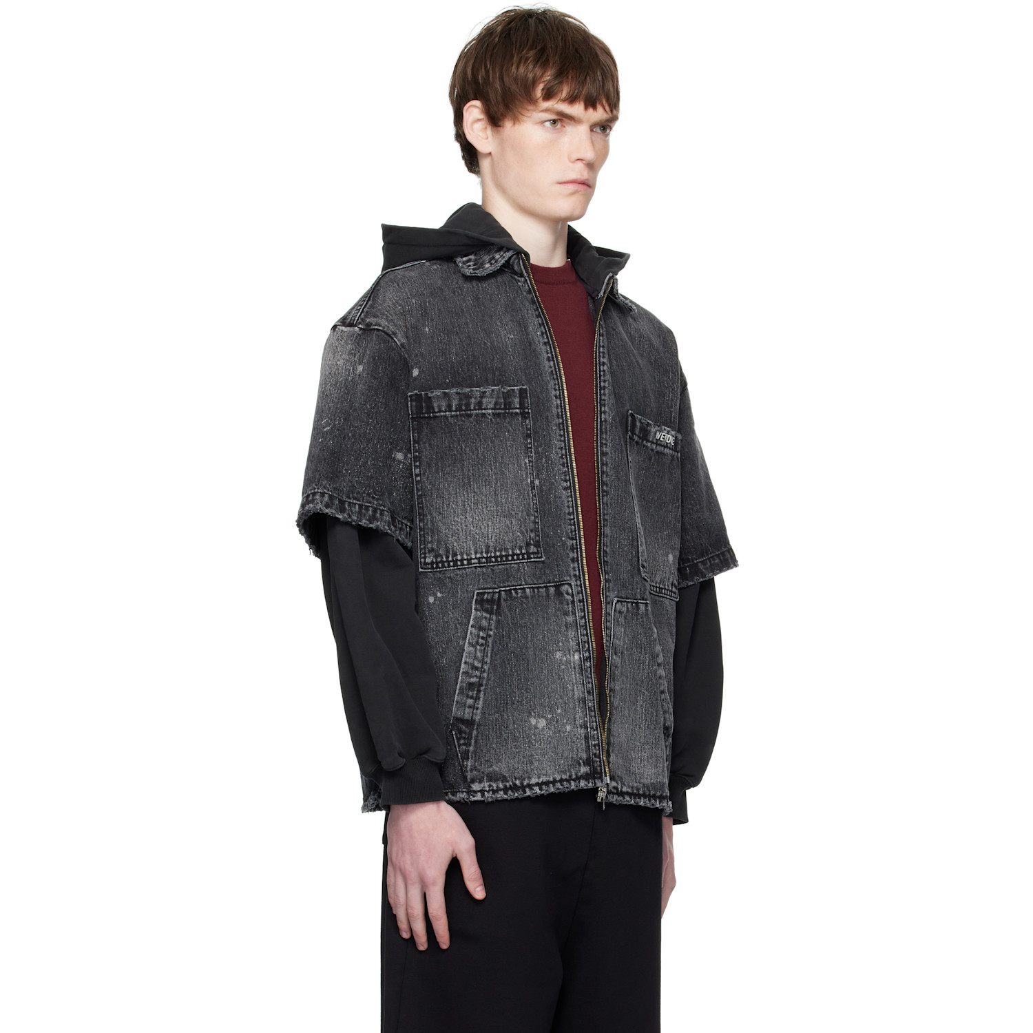  We11done Black Faded Layered Hoodie Denim Jacket 