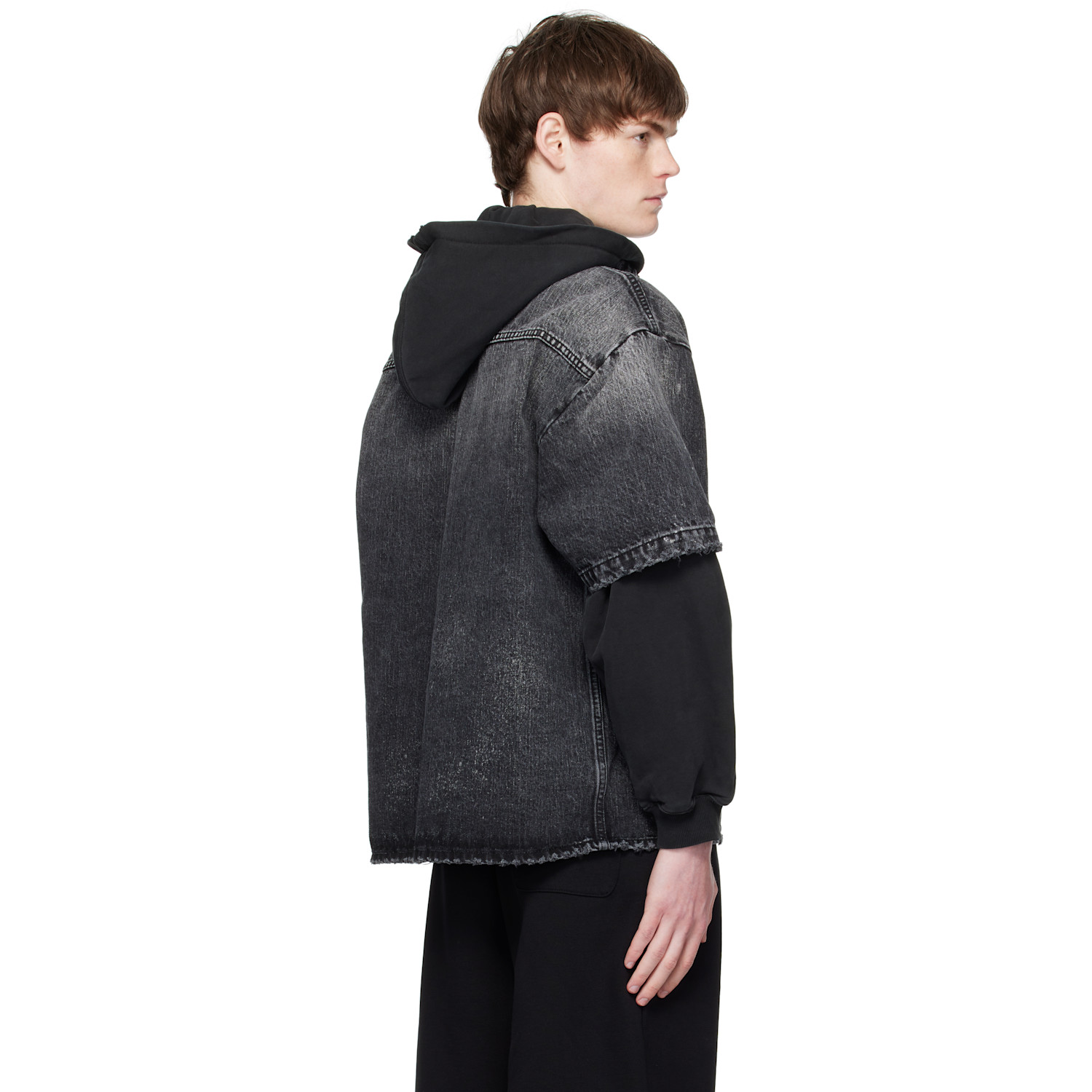  We11done Black Faded Layered Hoodie Denim Jacket 