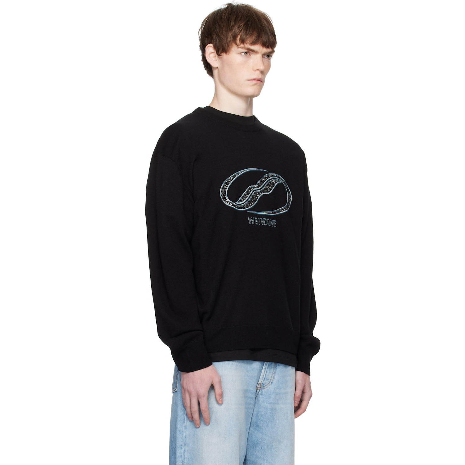  We11done Black Logo Rhinestone Knit Pullover Sweater 