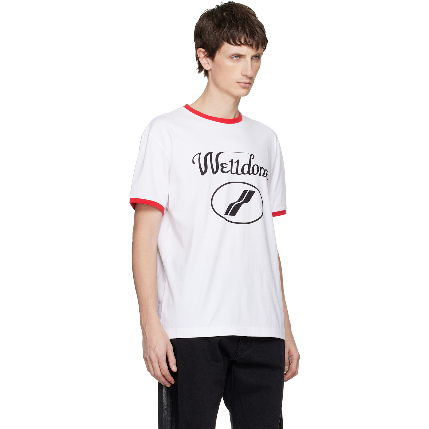  We11done White Cursive Logo Fitted Ringer T-shirt 