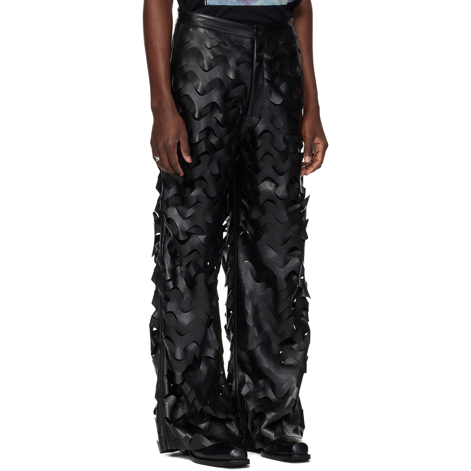  Lu'u Dan Black Laser Cut Wide-leg Faux-leather Pants 