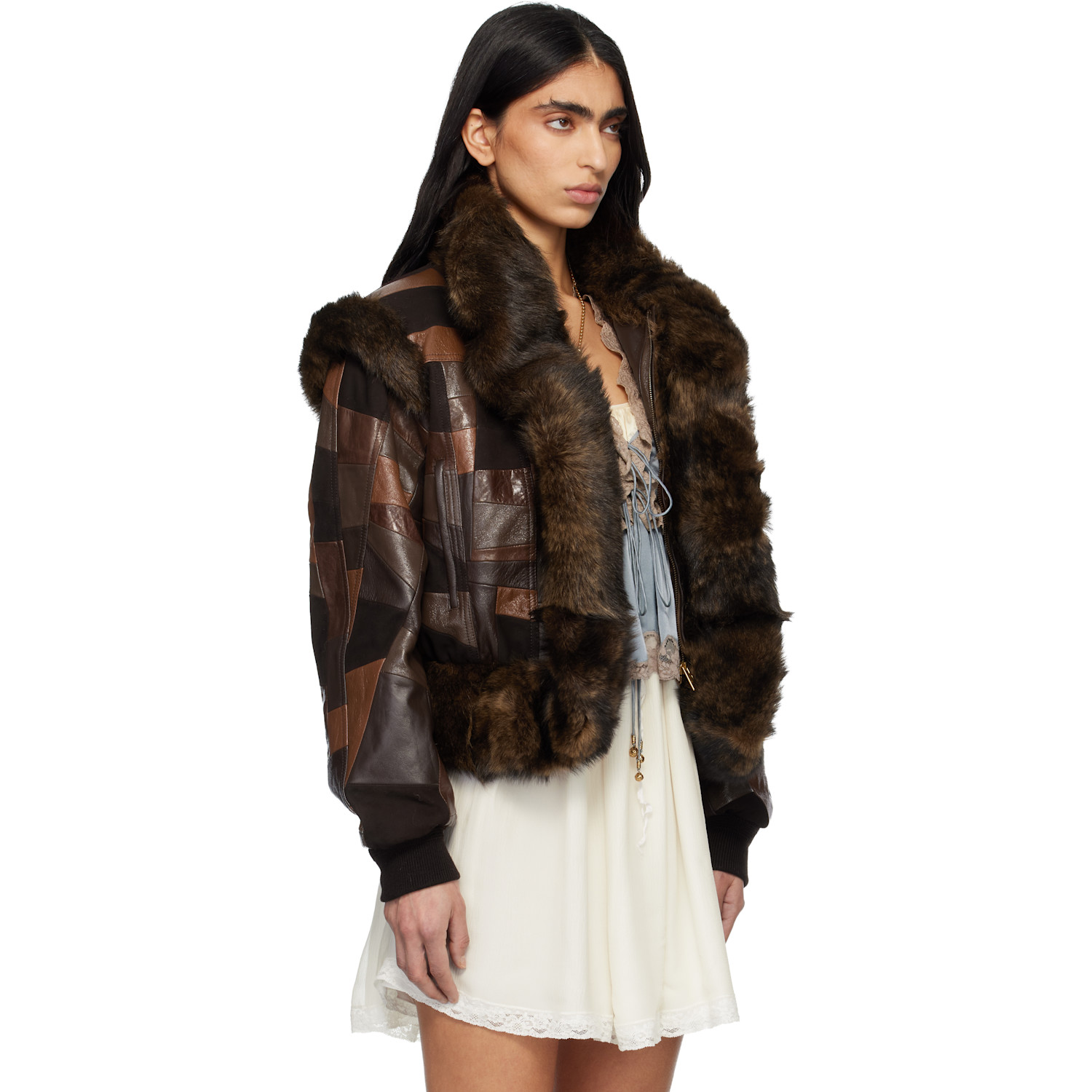  Chloé Brown Short Hybrid Leather Bomber Jacket 