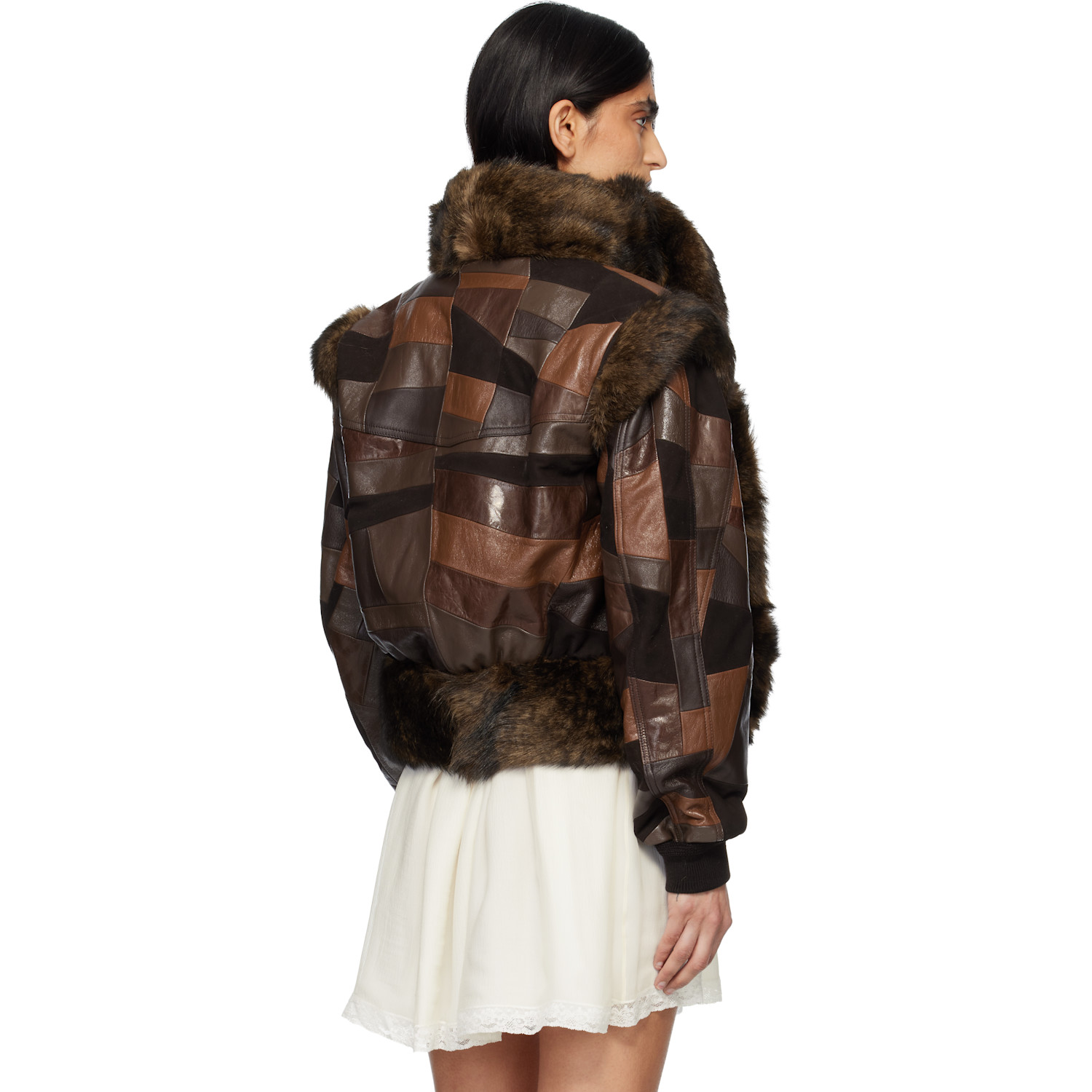 Chloé Brown Short Hybrid Leather Bomber Jacket 
