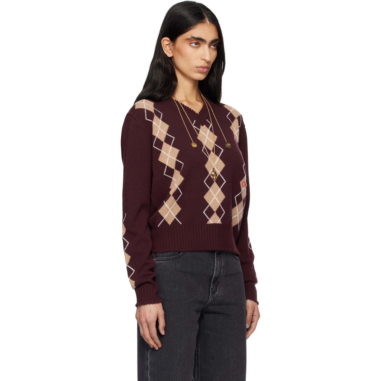  Chloé Burgundy Argyle Knit Wool Sweater 