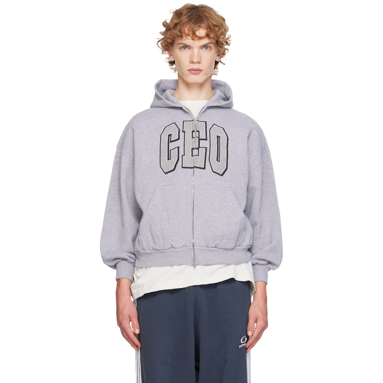 Balenciaga Gray 'CEO' Team Logo Small Fit Zip-Up Hoodie