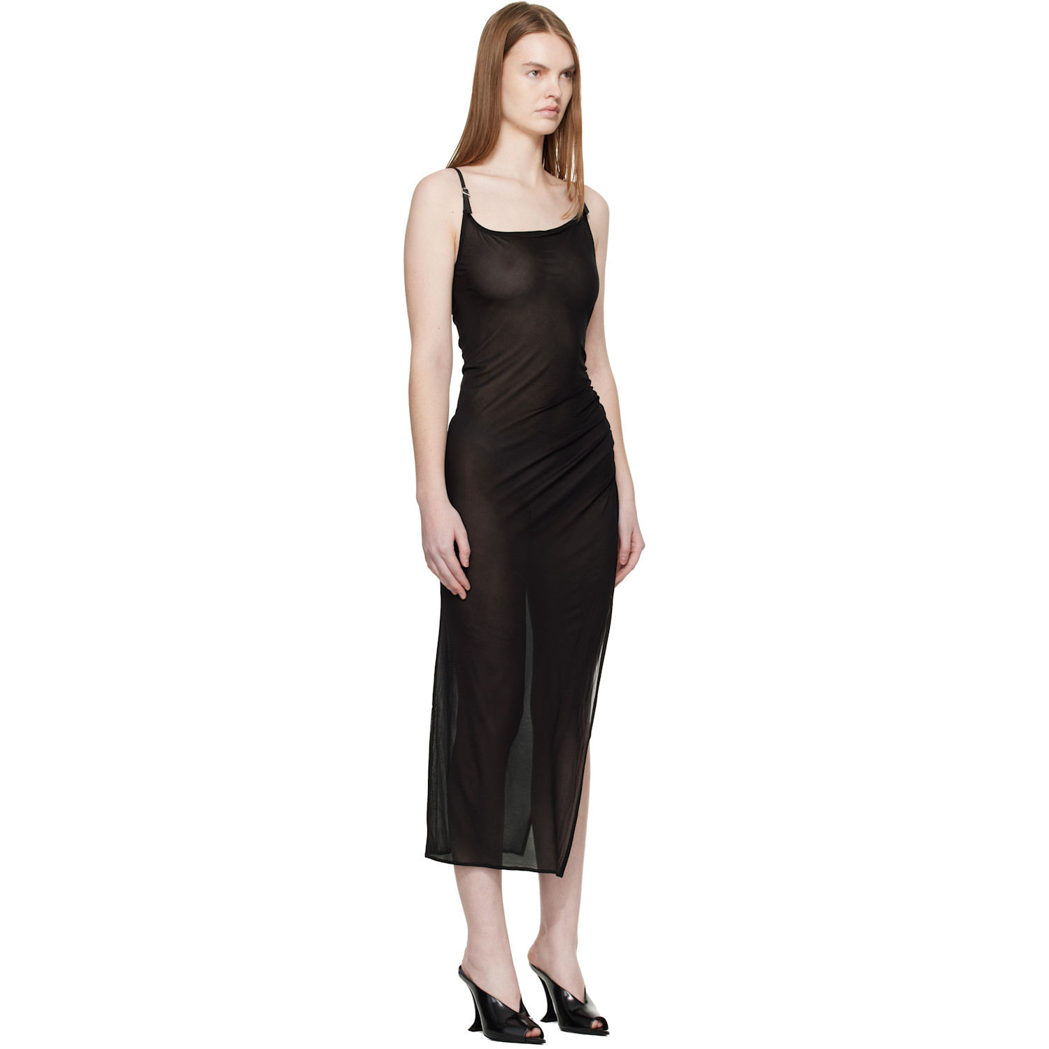  Mugler Black Asymmetrical Buckled Strap Maxi Dress 