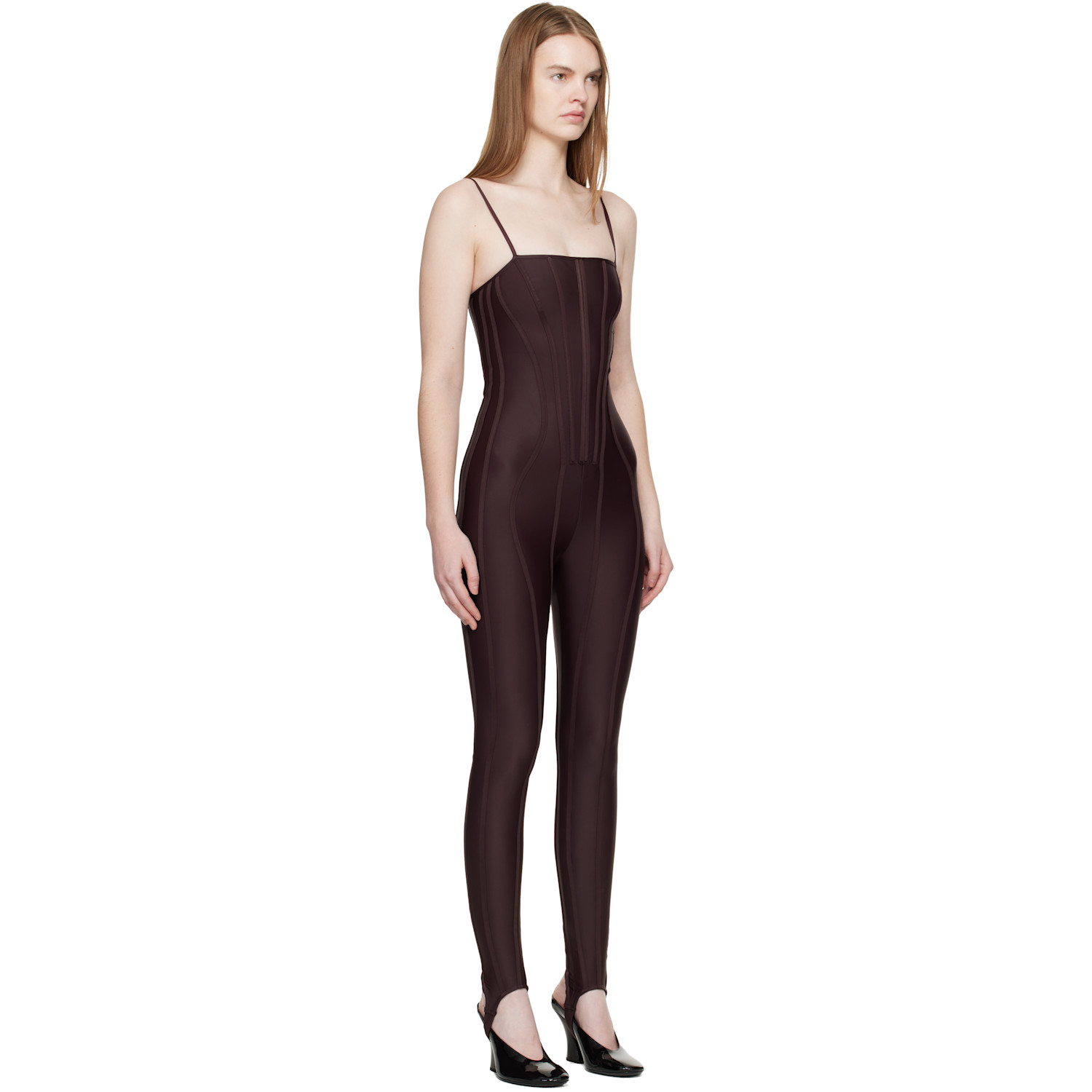  Mugler Burgundy Boned Stretch Catsuit 