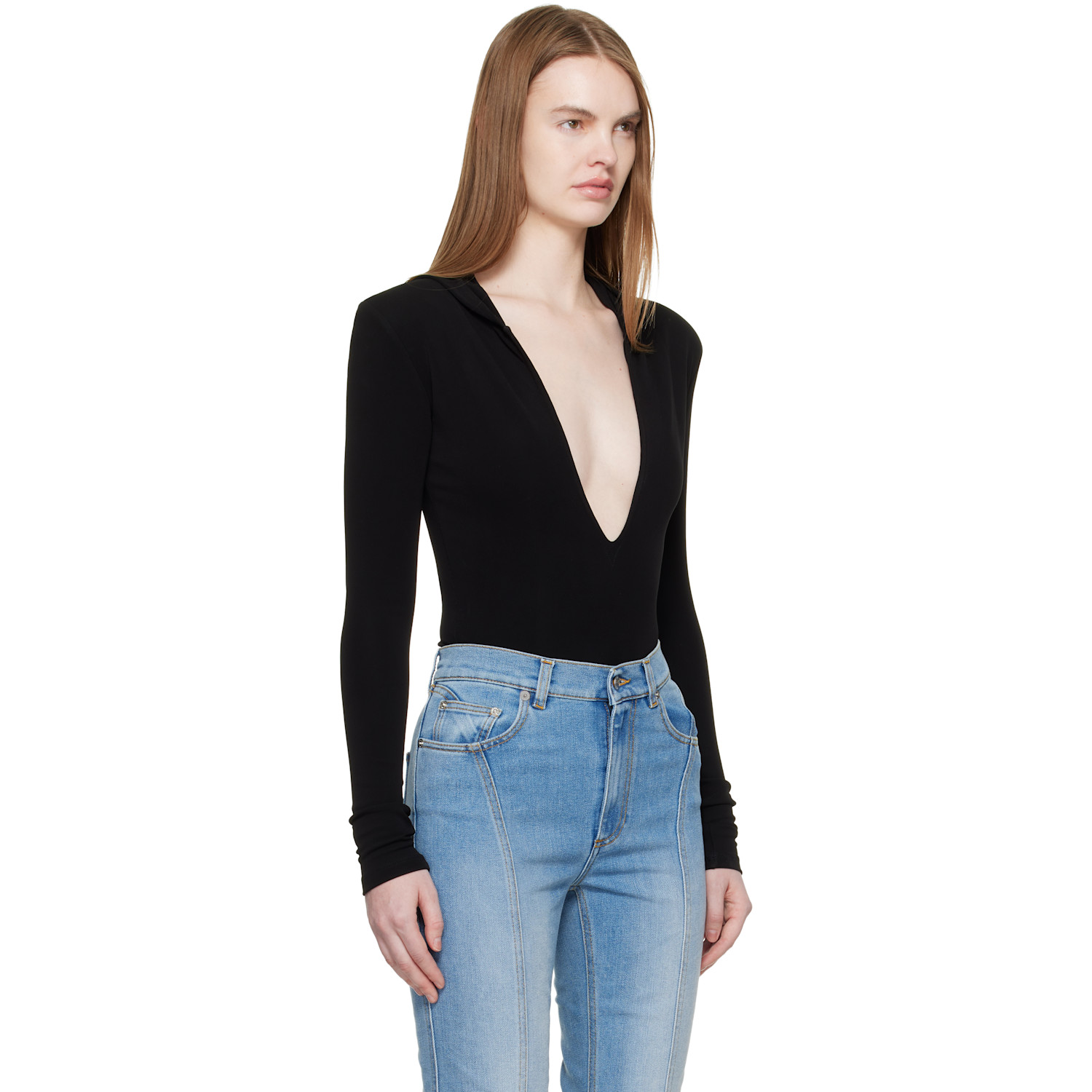  Mugler Black Hooded V-neck Bodysuit 