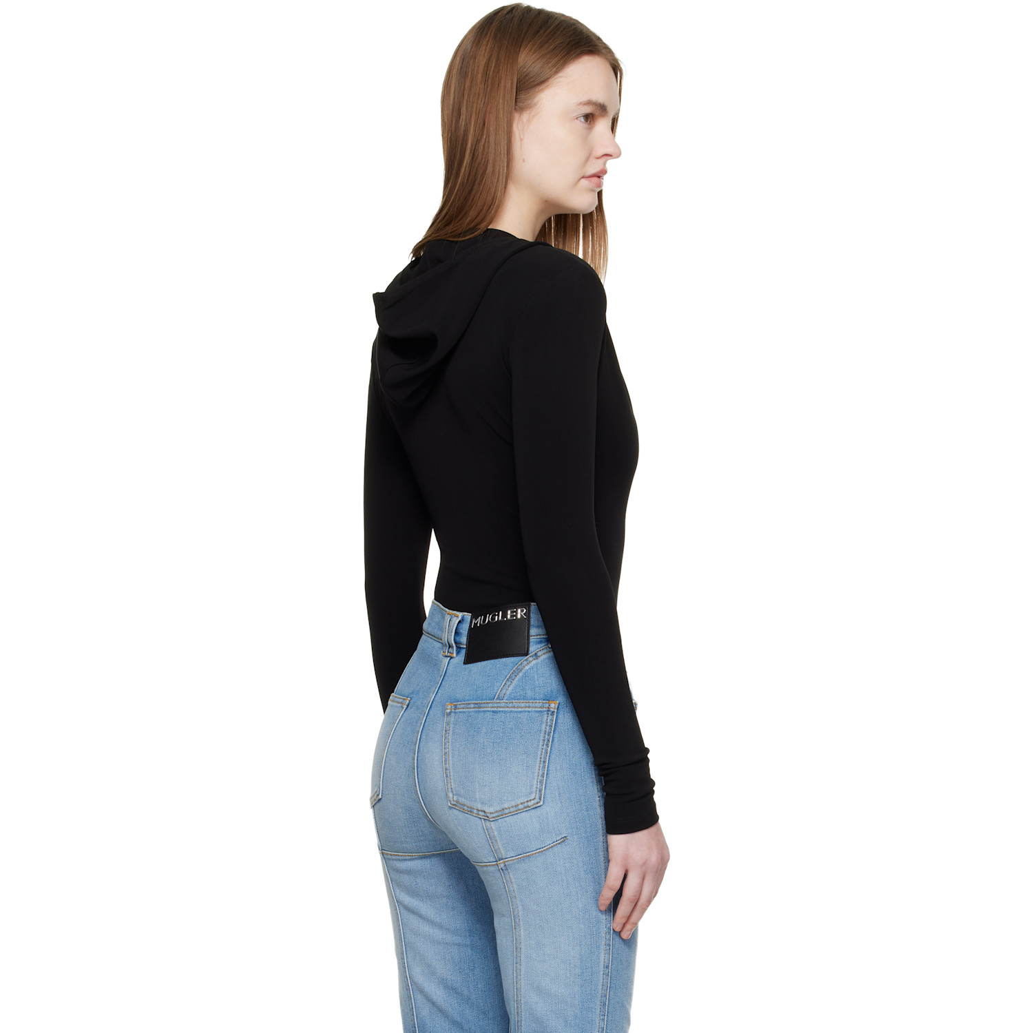  Mugler Black Hooded V-neck Bodysuit 
