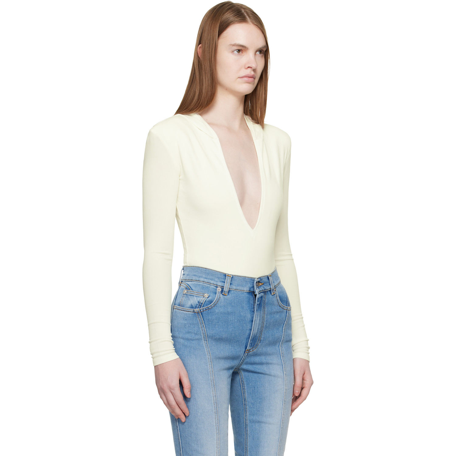  Mugler Off-white Hooded V-neck Bodysuit 