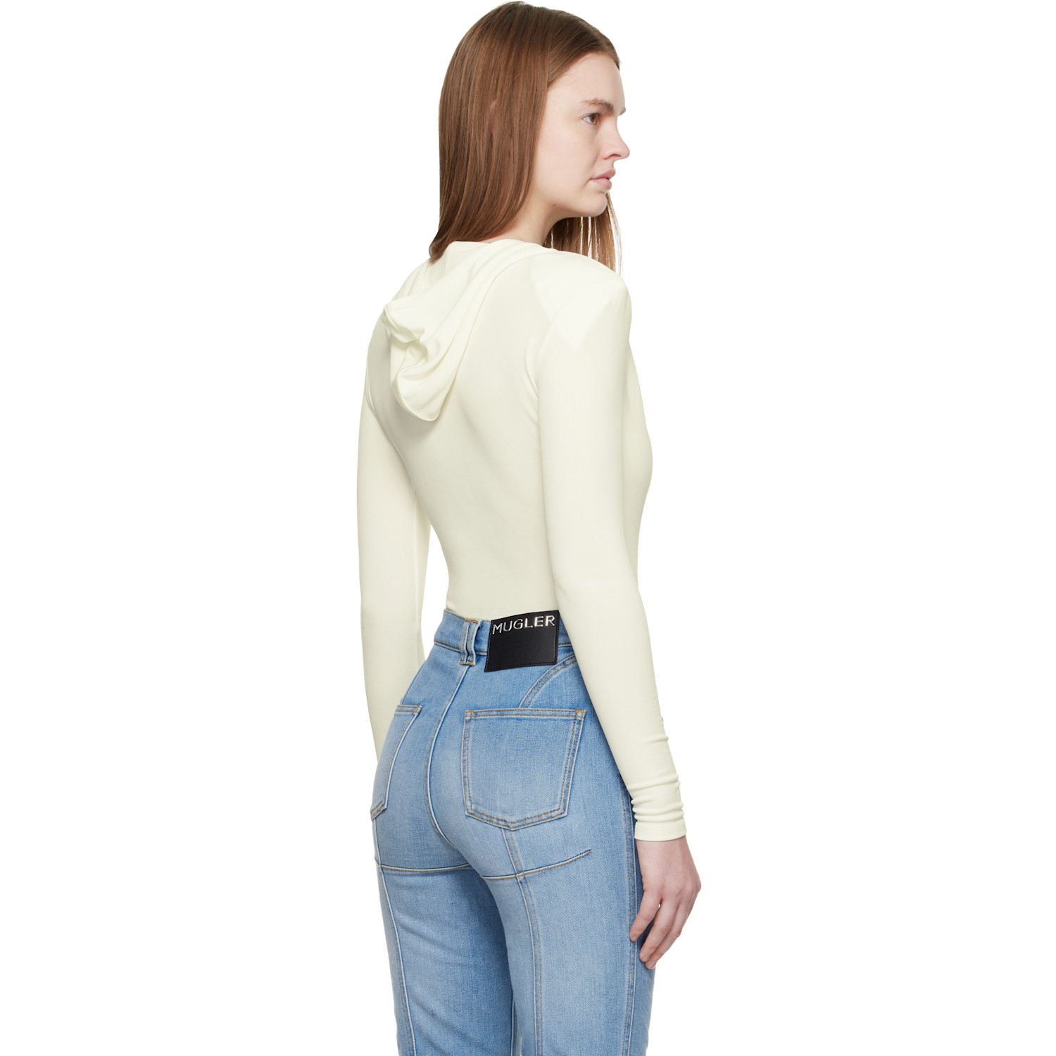  Mugler Off-white Hooded V-neck Bodysuit 