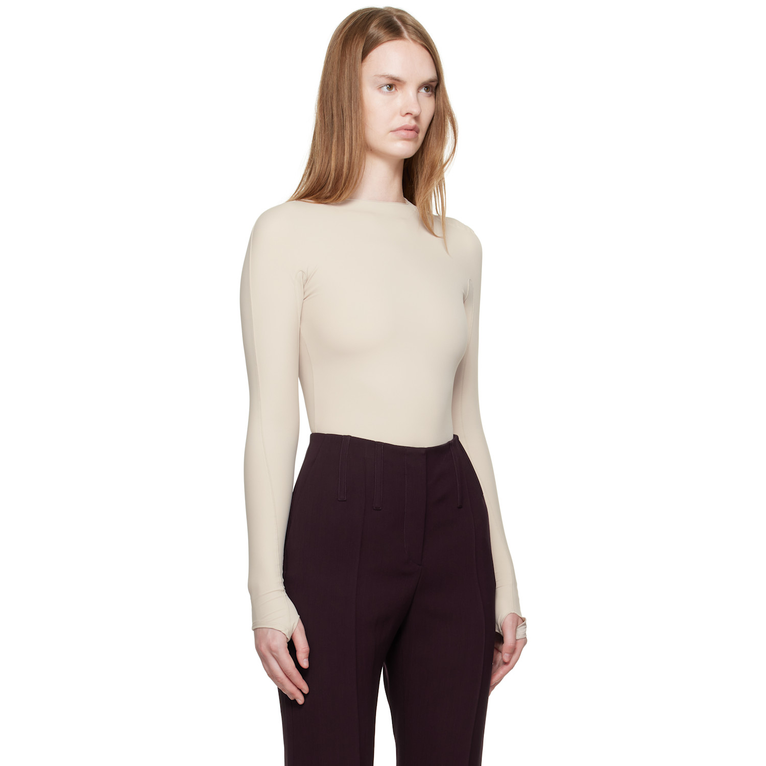  Mugler Beige Shoulder Logo Bodysuit 