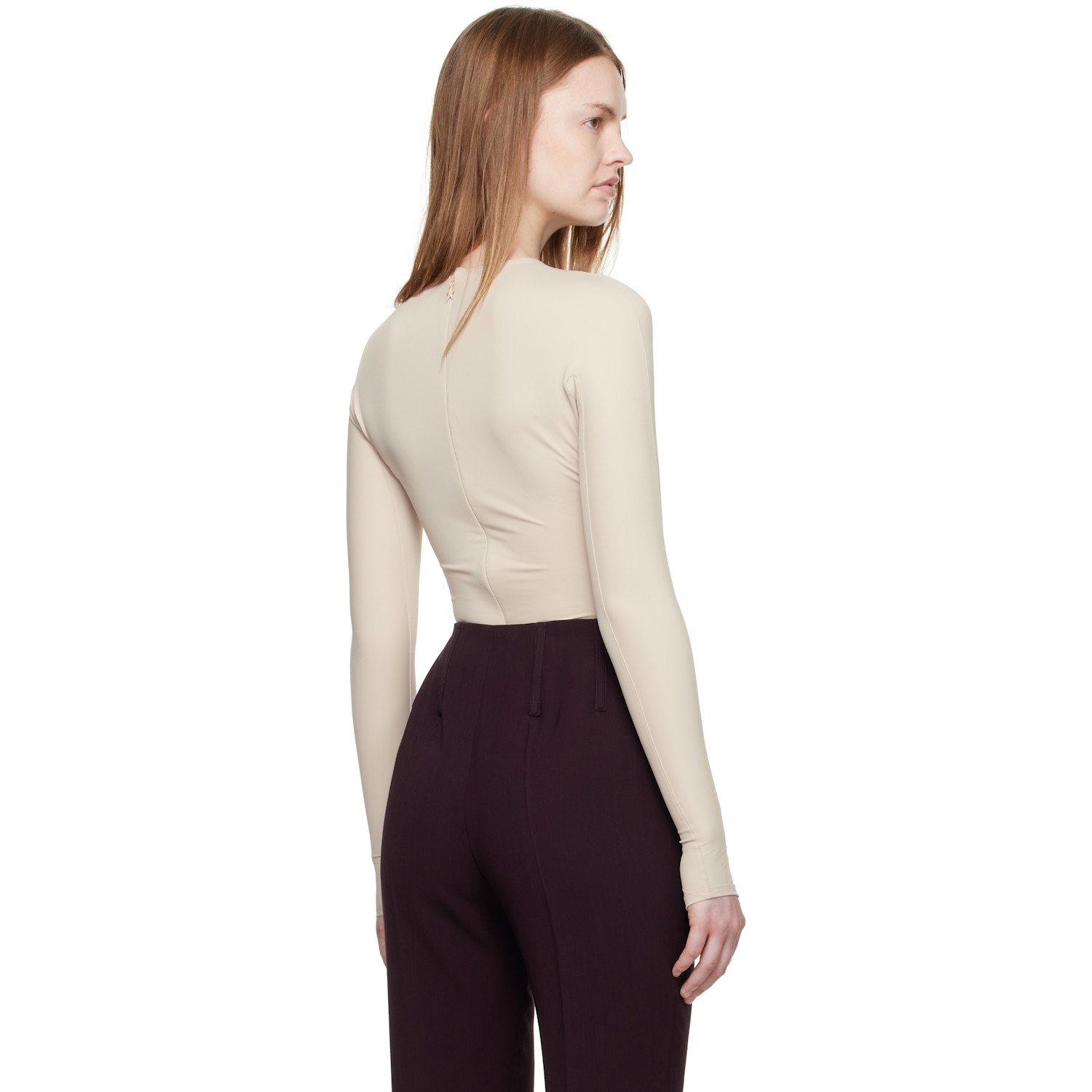  Mugler Beige Shoulder Logo Bodysuit 
