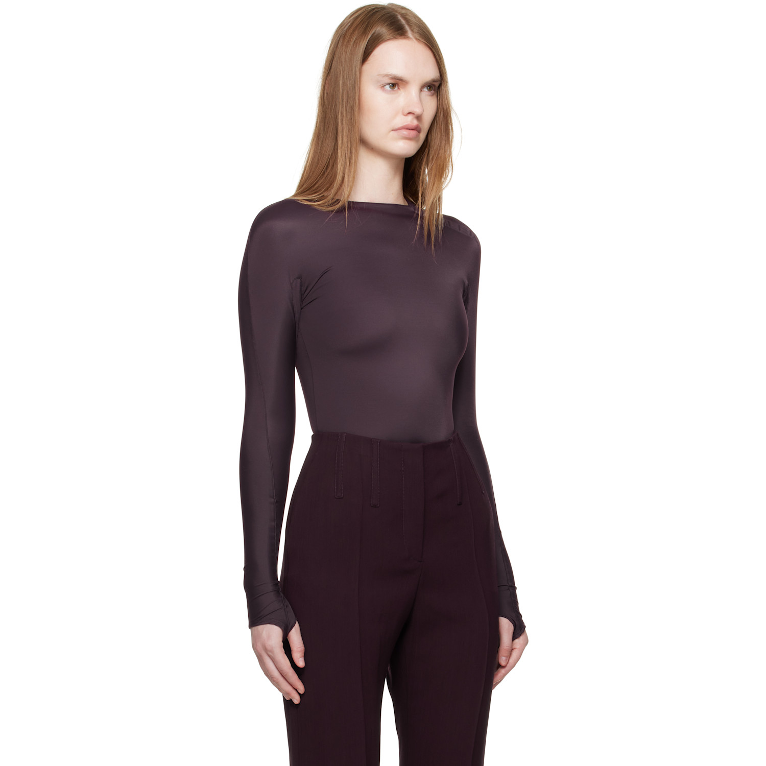  Mugler Burgundy Shoulder Logo Bodysuit 
