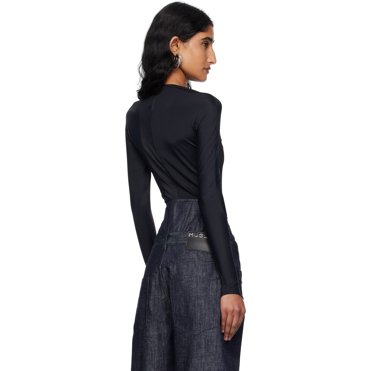  Mugler Black Shoulder Logo Bodysuit 
