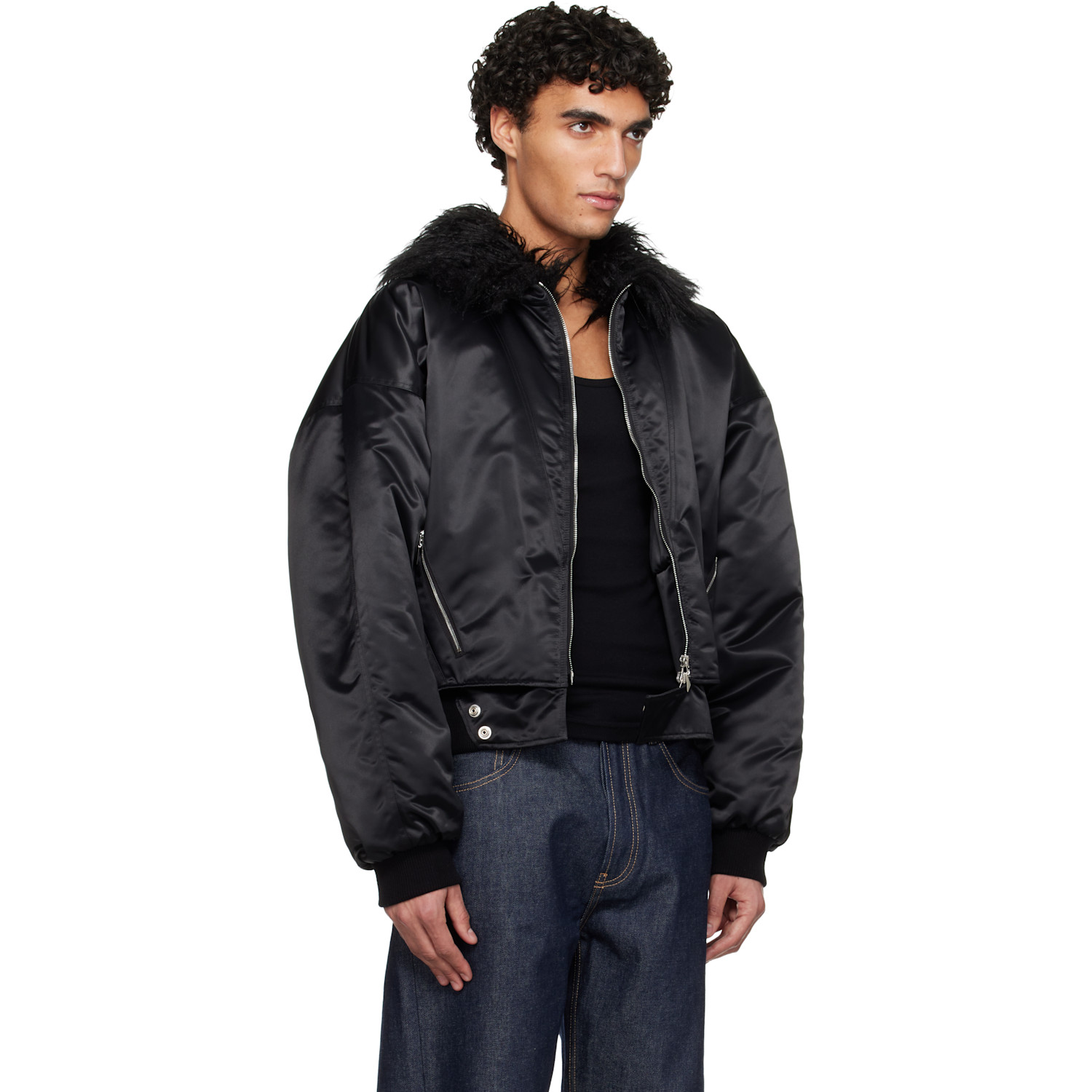  Mugler Black Faux-fur Collar Bomber Jacket 